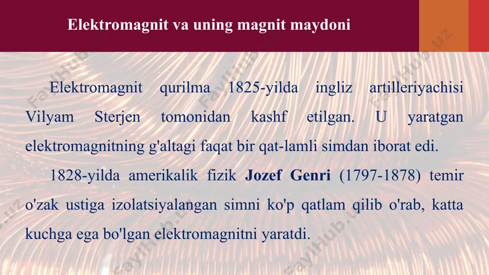 idan 15-20 cm qoldirib, uchlarini lokdan tozalaymiz, endi 3 ta 1,5 v elementlarni ketma-ket ulaymiz va 161-rasmda berilganidek sxemani yig'amiz (161-a rasm). zanjirni ulashdan oldin, mixni metall bo'laklari (knopka, skrepka...) ga yaqinlashtirib, uni tortmayotganiga ishonch hosil qilamiz. zanjirni ulaymiz. endi mixni knopkaga yaqinlashtirsak, tokli g'altak ichidagi temir o'zak magnitga aylanganligiga guvoh bo'lamiz (161-b rasm), bu hodisadan texnikaning ko'p sohalarida, jumladan, transport, telegraf, radio, televideniye, elektrotexnika va boshqa sohalarda keng qo'llaniladi. masalan, temir parchalarni yuklashda katta quvvatli elektromagnitlar qo'l keladi (162-rasm). bunday ko'tarma kranning qulayligi shundaki, tashilayotgan yuk biror tayanchga ortilmaydi va mahkamlanmaydi. elektromagnit kran tashish kerak bo'lgan yukka yaqinlashtiruadi va chulg'ami tokka ulanadi. shu zahoti yuk kranga yopishib ko'tariladi va kran uni boshqa joyga olib borib qo'yadi. tok uzilishi bilan kran yukdan ajraladi. elektromagnitlarning texnika sohasida keng qo'llanilishi elektromagnit rele sifatida namoyon bo'ladi. reletting tuzilishi va ishlash prinsipi 163-rasmda eng sodda rele1 sxemasi tasvirlangan. relening asosiy qismi elektromagnit (/) dan …