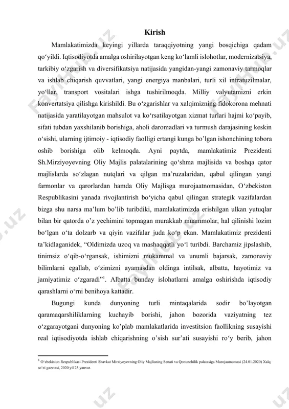a unumli bajarsak, zamonaviy bilimlarni egallab, oʻzimizni ayamasdan oldinga intilsak, albatta, hayotimiz va jamiyatimiz oʻzgaradi”[footnoteref:1]. albatta bunday islohatlarni amalga oshirishda iqtisodiy qarashlarni oʻrni benihoya kattadir. [1: o‘zbеkiston rеspublikasi prеzidеnti shavkat mirziyoyevning oliy majlisning sеnati va qonunchilik palatasiga murojaatnomasi (24.01.2020) xalq so‘zi gazеtasi, 2020 yil 25 yanvar. ] bugungi kunda dunyoning turli mintaqalarida sodir bo’layotgan qaramaqarshiliklarning kuchayib borishi, jahon bozorida vaziyatning tez oʻzgarayotgani dunyoning ko’plab mamlakatlarida investitsion faollikning susayishi real iqtisodiyotda ishlab chiqarishning o’sish sur’ati susayishi roʻy berib, jahon bozorida xarid talabining kamayishi davom etmoqda, ishsizlik darajasi yuqoriligicha qolmoqda, ijtimoiy keskinlik kuchaymoqda. bundan tashqari mamlakatimizdagi ayrim sohalar, tarmoqlar va kompaniyalarda eksport hajmi kamayib, import hajmi oshib ketishi, ko’plab kapital mablagʻlar sarflanishiga qaramay ishlab chiqarish hajmi va mehnat unumdorligining sust o’sishi fantexnika taraqqiyoti yuz berib, yangi texnika va texnologiyalarning kirib kelishiga qaramay ketgan xarajatlar va mahsulot tannarxi pasayish o’rniga aksincha, oshishi holati yuz berishi kabi nohush holatlar sodir bo’lib turibdi. bu holatlar …