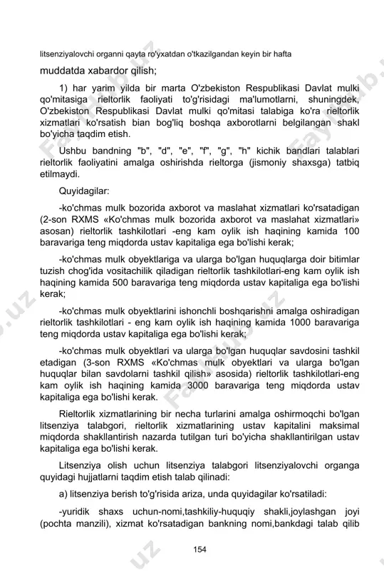 ish haqining ikki baravari miqdorida yig'im undiriladi. ariza ko'rib chiqilganligi uchun yig'im summasi davlat raqobat qo'mitasining byudjetdan tashqari jamg'armasiga o'tkaziladi. litsenziya talabgori berilgan arizadan voz kechgan taqdirda to'langan yig'im qaytarilmaydi. litsenziyalovchi organ bilan litsenziatning o'zaro huquq va majburiyatlarini belgilovchi litsenziya bitimida quyidagi ma'lumotlar bo'lishi kerak: -bitimni imzolagan shaxslarning familiyasi, ismi, otasining ismi, lavozimi; -tomonlarning rekvizitlari; - amalga oshirilishiga litsenziya berilayotgan faoliyat turining nomi; -litsenziatga qo'yiladigan litsenziya talablari va shartlari; -litsenziya bitimi talablari va shartlari buzilganligi uchun javobgarlik; -litsenziya bitimi talablari va shartlari litsenziat tomonidan bajarilishini litsenziyalovchi organ tomonidan nazorat qilish tartibi. litsenziya talablari va shartlariga rioya etilishi yuzasidan nazoratni amalga oshirishda litsenziyalovchi organ o'z vakolatlari doirasida quyidagi huquqlarga ega: -litsenziat tomonidan litsenziya talablari va shartlariga rioya etilishini qonun hujjatlarida belgilangan tartibda rejali tekshirish; -litsenziya talablari va shartlari litsenziat tomonidan buzilganligidan dalolat beruvchi hollar mavjud bo'lgan taqdirda, litsenziat tomonidan litsenziya talablari va shartlariga rioya etilishini qonun hujjatlarida belgilangan tartibda rejadan tashqari …