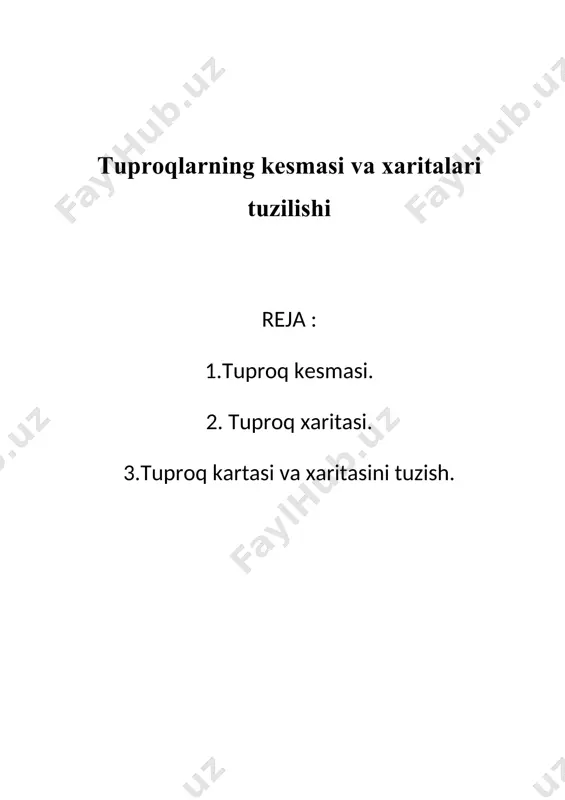 zila boshlandi.v.v.dokuchayev o‘zining dala tadqiqotlari natijalaridan foy- dalanib tuproq xaritalarini tuzishda tuproq qoplami bilan relyef tuzi- lishi va joyning balandligi o‘rtasidagi malum bog'lanishga tayangan.birinchi tuproq tipologiyasini o‘zida namoyon etgan genetik — geografik tamoyil asosida tuzilgan tuproq xaritasi ham v.v.dokuchayev tomonidan 1882 yilda tuziladi va bir yildan so‘ng uni „rus qora tuprogt’ kitobida ilova tarzida beriladi. u tomonidan tuzilgan shimoliy yarim shaming tuproq xaritasi 1900-yilda parijda bo‘lib o'tgan xalqaro ko‘rgazmada namoyish etiladi.1901-yilda dokuchayevning genetik - geografik tamoyili asosida v.v.dokuchayev boshchiligida n.m.sibirsev, g.i.tanfilyev va a.r.ferxminlar tomonidan yaratilgan rossiyaning yevropaqismining tuproq xaritasi rus tuproq xaritashunosligining shaklla- nishida muhim bosqich bo’ldi.1930-yilda l.i.prasolov (1:1000000), 1954-yilda n.n.rozov (1:4000000), 1964 yilda i.p.gerasimov (1:1000000), 1988 yilda v.m.fridland (1:2500000), 1995 yilda ma.glazovskaya (1:4000000) kabilar tomonidan yaratilgan mdh va rossiya federatsiyasining tuproq xaritalarining ilmiy - amaliy ahamiyati katta.dunyo miqiyosida tuproq xaritalarining yaratilishida esa k.f.glinka (1906, 1915, 1927), l.i.prasolov (1937), d.g.vilenskiy (1950), i.p.gerasimov (1956, 1960, 1964), v.a.kovda (1975) kabilaming xizmatlarini e’tirof …