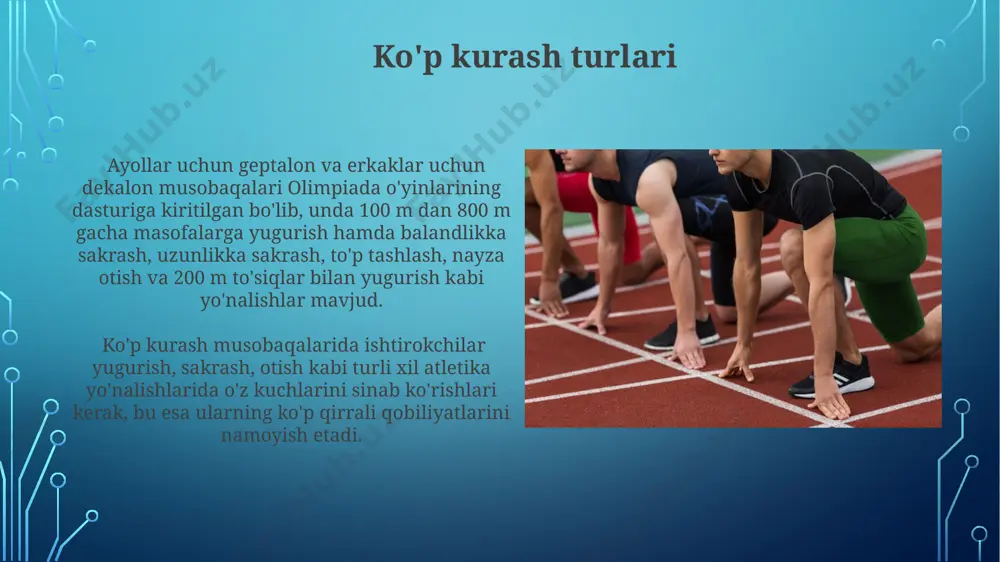 tdi, bu sportdagi eng ajoyib yutuqlardan biri hisoblanadi va uning tezligi hamon taqqoslanmaydi. sergey bubka, pole vaultda 6.14 metr balandlikka sakrab, o'z davrining eng yaxshi sportchilaridan biri bo'lib, 35 ta jahon rekordini o'rnatdi. mashg'ulotlar va tayyorgarlik sakrash va otish turlari uchun kuch va texnika muhim omillar hisoblanadi. plyometrik mashqlar (masalan, 10-15 takrorlanish bilan sakrashlar) va og'irlik ko'tarish kuchli natijalarga olib keladi. yugurish masofalarida 100 metrgacha bo'lgan sprint mashg'ulotlari tezlik va tezkorlikni rivojlantirishga qaratilgan bo'lib, 400 metrgacha bo'lgan masofalarda esa chidamlilik muhim ahamiyat kasb etadi. sakrash turlari uch qadamdan sakrash (triple jump) da uchta harakat – qadam, sakrash, sakrash – bir butun boʻlib, umumiy masofa 17 metrdan oshishi mumkin. sakrash turlarida balandlikka sakrash 2,20 metrdan yuqori natijalarni koʻrsatgan sportchilar jahon miqyosida tan olinadi va olimpiada oʻyinlarida qatnashish huquqiga ega boʻlishadi. e'tiboringiz uchun rahmat @taqdimot_robot image3.jpg image4.jpg image5.jpg image6.jpg image7.jpg image8.jpg image9.jpg image10.jpg image11.jpg image12.jpg image13.jpg image14.jpg image2.png