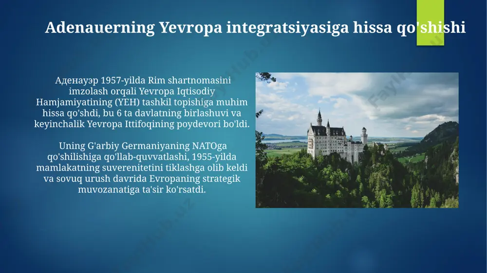 qisman, marshall rejasi orqali aqshning moliyaviy yordami, xans xaynburger va boshqa mutaxassislarning iqtisodiy siyosatiga va sotsial-bozor iqtisodiyoti modelining qo'llanilishi bilan bog'liq edi, bu esa bonn va boshqa yirik shaharlarning rivojlanishiga turtki berdi. "wirtschaftswunder" davrida g'arbiy germaniyada ishsizlik darajasi sezilarli darajada pasayib, 1960 yilga kelib atigi 1% atrofida edi, bu esa aholining turmush darajasining keskin oshishiga va katta miqyosdagi ijtimoiy dasturlarni amalga oshirishga imkon berdi. e'tiboringiz uchun rahmat @taqdimot_robot image6.jpg image7.jpg image8.jpg image9.jpg image10.jpg image11.jpg image12.jpg image13.jpg image14.jpg image15.jpg image16.jpg image17.jpg image2.png image3.png image4.png image5.png