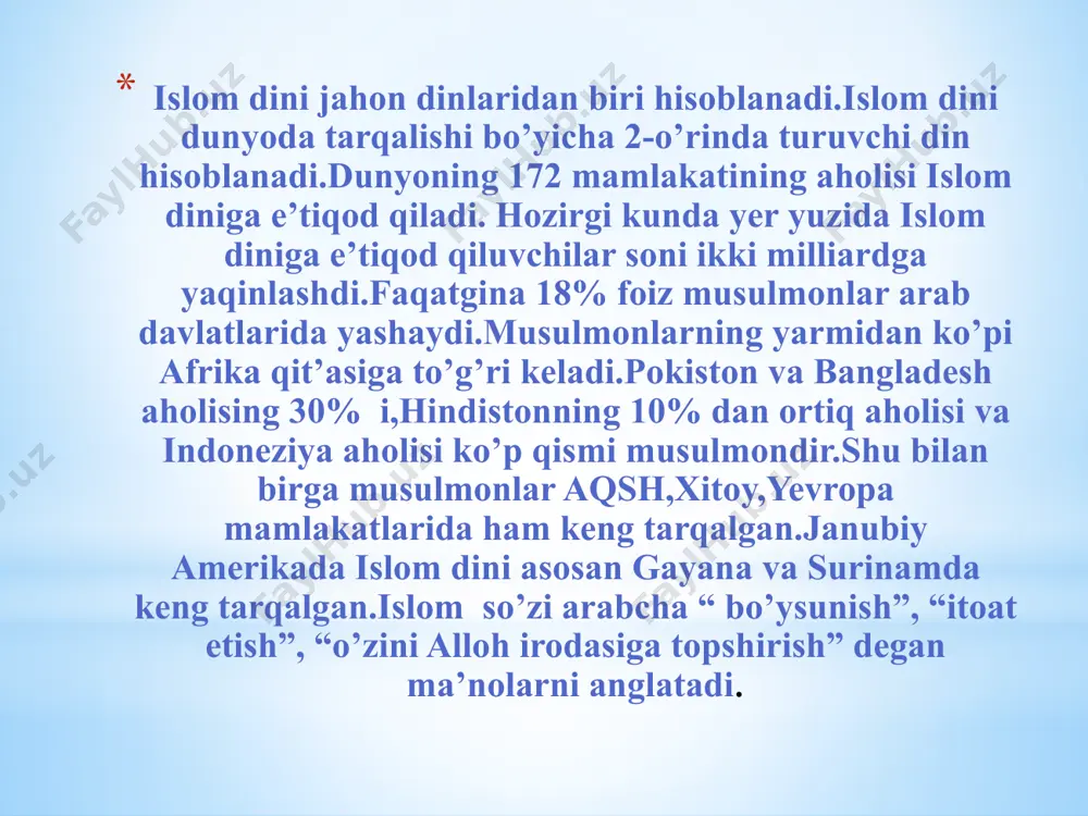 arasha din va muomalat hukmlarini bayon etib,o’sha zamonning payg’ambarlariga yuborilgan vahiylar alloh taoloning kitoblari,ya’ni muqaddas kitoblardir.alloh taolo payg’ambrlarga 100 sahifa va 4 ta kitob yuborgan. 5.oxirat-bu dunyoda alloh taoloning o’zidan va u xohlaganidan boshqa hech narsa qolmaydigan kundir.uning qachon bo’lishini alloh taolodan boshqa hech kim bilmaydi. 6 .taqdir- alloh taolo tomonidan bo’lgan va bo’ladigan yaxshi,yomon ishlarning qayshi zamonda, qaysi joyda, qay ravishda bo’lmog’ini hamda o’z ilmi azaliysi bilan bo’lmasdan turib oldindan belgilab qo’yilishidir. 7.alloh taoloning qudrati bilan o’lgan bandalar qayta tiriladilar,so’ngra alloh taoloning tayin qilgan yeriga borib yig’iladilar.yig’iladigan joyning nomi ”mahshar yeri”, kun esa “qiyomat kuni” deb ataladi. 10 islom dini 5 ustunga ega. kalima keltirish ro’za tutish haj safari zakot berish namoz o’qish islom dinidagi muqaddas kitoblar 1 qur’oni karim 2 hadisi sharif qur’on islom dining muqaddas kitobi hisoblanib,114 ta sura,6226 ta oyatdan iborat.islom tarixiga ko’ra qur’onning sura va oyatlari muhammad payg’ambarga parcha-parcha tarzida vahiy qilib borilgan.vahiy kela boshlagan …