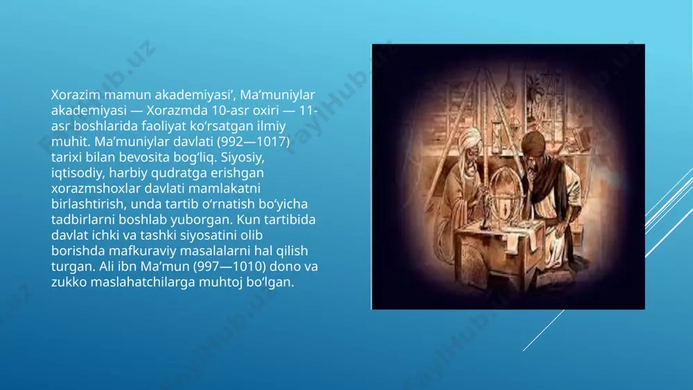 lan bevosita shug‘ullanmagan bo‘lsa-da, xorazmda yashagan davrida uning tabiati, hayvonot va o‘simlik dunѐsini chuqur o‘rganib, o‘z fikrlarini, ko‘zatuv natijalarini qayd etib borgan. bundan tashqari, u dorivor moddalar, shu jumladan, o‘simliklarni diqqat bilan ko‘zatib, ularning mahalliy nomlarini arab, fors, surѐn, yunon, keyinchalik esa hind tillaridagi nomlari bilan taqqoslab, bo‘lg‘usi kitob uchun ma’lumotlar to‘plagan. olimning moddalar xossalariga, nomlariga bo‘lgan qiziqishlari uning ―xronologiya‖, ―geodeziya‖, ―minerologiya‖ nomli asarlarida ham ko‘rinadi, lekin ular to‘la-to‘kis holda haѐtining so‘nggi yillarida yaratilgan ―kitob as-saydana fi-t-tibb‖ (―tabobatda dorishunoslik‖ ѐki ―farmakognoziya‖) nomli asarida o‘z aksini topgan. akademiyada tarix fani ham rivoj topgan. beruniy xorazmda tarix sohasida mavjud bo‘lgan ilmiy an’analarni davom ettirib, o‘zining ―xorazmning mashhur kishilari‖ ѐki ―xorazm tarixi‖ nomli kitobini ѐzgan. asar to‘liq holda saqlanmagan. uning faqat yirik bir parchasi abu-lfazl bayhaqiyning sulton mas’ud g‘aznaviyga bag‘ishlangan ―tarixi mas’udiy‖ asari orqali yetib kelgan. bundan tashqari muallifning ―yodgorliklar‖, ―at-tafhim‖ va ―hindiston‖ asarlarida ham muhim tarixiy ma’lumotlarni uchratish mumkin. x-xi asrlarda yashagan …