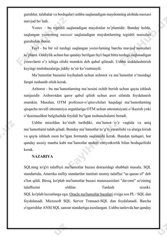 aniqlanganidan so'ng ma'lumotlar bazasi ma'murlari va foydalanuvchilari o'z ichiga olgan ma'lumotlarni kiritish, olish va o'zgartirish uchun data manipulation language (dml) dan foydalanishlari mumkin. ma'lumotni aniqlash tili buyruqlari ma'lumotni aniqlash tili ma'lumotlar bazalari va ma'lumotlar bazasi obyektlarini yaratish va yo'q qilish uchun ishlatiladi. ushbu buyruqlar ma'lumotlar bazasi loyihasining o'rnatish va o'chirish bosqichlarida ma'lumotlar bazasi ma'murlari tomonidan ishlatiladi. bu erda to'rtta asosiy ddl buyruqlar tuzilishi va ulardan foydalanishga qarash: yaratmoq. kompyuterda ma'lumotlar bazasini boshqarish tizimini o'rnatish juda ko'p mustaqil ma'lumotlar bazalarini yaratish va boshqarish imkonini beradi. misol uchun, savdo bo'limi uchun mijozlar bilan aloqalar ma'lumotlar bazasini va kadrlar bo'limi uchun kadrlar bazasini saqlab qolishingiz mumkin. create buyrug'i sizning platformangizda ushbu ma'lumotlar bazalarini yaratish uchun ishlatiladi. misol uchun, buyruq: create database xodimlari sizning dms laringizda "xodimlar" deb nomlangan bo'sh ma'lumotlar bazasini yaratadi. ma'lumotlar bazasini yaratganingizdan so'ng, keyingi qadam ma'lumotlarni o'z ichiga olgan jadvallarni yaratishdir. buning uchun create buyrug'ining yana bir variantini ishlatish mumkin. …
