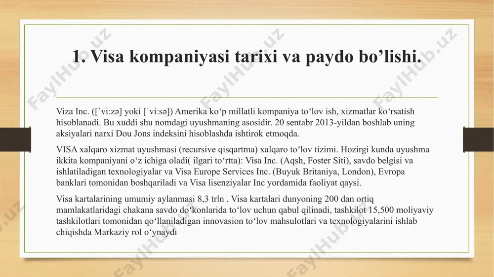 rnational 6 mintaqaga boʻlingan: ap mintaqasi-osiyo-tinch okeani mintaqasi (shu jumladan avstraliya va yangi zelandiya); kanada viloyati-kanada; visa cemea-markaziy va sharqiy evropa, yaqin sharq, yaqin sharq va afrika; viza evropa - asosan gʻarbiy evropa mamlakatlari; lak mintaqasi-lotin amerikasi va karib dengizi; aqsh viloyati-aqsh. 2. visa brendi revolyutsiyasi. visa dunyodagi eng katta toʻlov tizimlaridan biri boʻlib, u isteʼmolchilar, korxonalar, moliyaviy institutlar va hukumatlar oʻrtasidagi elektron toʻlovlarni oʻrnatadi va boshqaradi. visa inc. kompaniyasi tomonidan taqdim etilgan ushbu toʻlov tizimi global miqyosda keng qamrovga ega. tarixiy rivojlanish 1. tashkil etilishi: visa dastlab 1958-yilda "bankamericard" nomi bilan bank of america tomonidan chiqarilgan. bu dastlabki karta naqd pulsiz kredit tizimini yaratishga urinish edi. 2. nomining oʻzgarishi: 1976-yilda "visa" nomi bilan rebrending qilindi. ushbu nom global tushunarli boʻlishi va chet ellik foydalanuvchilar uchun qabul qilinishi oson edi. 3. kompaniyaning kengayishi: 1980-yillarda visa oʻz xizmatlarini xalqaro miqyosda kengaytirib, toʻlov xizmatlarini yanada kengroq ko'lamda taklif qila boshladi. visa kompaniyasi …