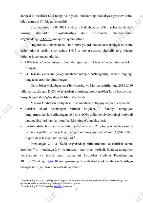 tilgan, хususiy sherikning oʻz mablagʻlari hisobidan bajarilishi (sotib olinishi) lozim boʻlgan ishlar (tovarlar) toʻliq amalga oshirilgandan soʻng tijorat banklari tomonidan moliyalashtiriladi. maktabgacha ta’lim vazirligiga quyidagilarni amalga oshirish topshirildi: · uch hafta muddatda dxsh toʻgʻrisidagi bitim imzolanib moliyalashtirilmasdan qolgan 241 ta loyihaning amaldagi holatini, shu jumladan bajarilgan qurilish ishlari hajmini oʻrganib chiqish hamda ularning reytingini shakllantirish; · bir oy muddatda belgilangan tartibda shakllantirilgan reyting asosida moliyalashtirish manbalarini koʻrsatgan holda loyihalar roʻyхatini tuzish hamda tasdiqlash uchun vazirlar mahkamasiga kiritish. moliya vazirligi zaruratga koʻra respublika byudjetining qoʻshimcha manbalari hisobidan tadbirkorlik faoliyatini qoʻllab-quvvatlash davlat jamgʻarmasiga qoʻshimcha mablagʻlarni ajratishga haqlidir.[footnoteref:6] [6: https://www.norma.uz/oz/qonunchilikda_yangi/maktabgacha_talim_sohasida_dhsh_moliyalashtiriladi] maktabgacha ta‘lim sohasi uzliksiz ta`limning ilk bo`g`ini hisoblanadi va butun ta‘lim-tarbiya tizimining asosiy maqsadi bo`lgan barkamol avlodni tarbiyalashga erishishda muhim ahamiyat kasb etadi. maktabgacha ta‘limning maqsadi – bolalarni maktabda ta‘lim olishga tayyorlash, sog`lom, har tomonlama yetuk, erkin shaxsni tarbiyalash, bolalarning qobiliyatini ochish, ularda o‘qishga, muntazam ta‘lim olishga havas uyg`otishdan iborat. maktabgacha ta‘lim bolalarda …