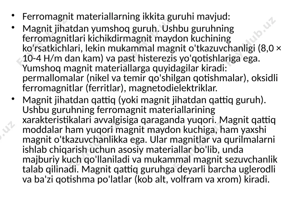 dir. ko'pincha marganets yoki nikel oksidlari qarshilikni kamaytirish uc hun temir va sinkga qo'shiladi. shuning uchun ferritlar ko'pincha yuqori chastotali toklar uchun yarimo'tkazgich sifatida ishlatiladi.  magnitodielektriklardielektrik plyonkaga o'ralgan temir, magnetit yoki permalloy kukunining kukunli aralashmasi. xuddi fe rritlar singari, magnitodielektriklar ham turli xil qurilmalarda yarimo'tkazgich sifatida ishlatiladi: kuchaytirgichlar, qabul qiluvchilar, uzatgichlar va boshqalar. quyidagi materiallar qattiq magnitlar guruhiga tegishli:  temir va uglerod qotishmasidan tayyorlangan karbonli po'latlar. uglerod miqdoriga qarab quyidagilar ajratiladi: kam uglerodli (0,25% dan kam uglerod), o'rtacha uglerodli (0,25 dan 0,6% gacha) va yuqori uglerodli po'latlar (2% gacha uglerod). qotishma tarkibiga temir va ugleroddan tashq ari kremniy, magniy va marganets ham kiritilishi mumkin. ammo eng yuqori sifatli va mos keladigan ferromagnit materiallar eng kam miqdordagi aralashmalarga ega bo'lgan uglerodli po'latdir.  samariy-kob alt qotishmalari (smco5 yoki sm2co17 birikmalari) kabi noyob yer elementlariga asoslangan qotishmalar. ular 0,9 t qoldiq induksiya bilan yuqori magnit o'tkazuvchanlikka ega. shu bilan birga, …