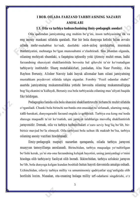 i, uy ishlarida ishtirok etish, oddiy yumushlarni bajarish orqali unda mehnatsevarlik va mas’uliyat hissi shakllanadi. ma’naviy tarbiya milliy qadriyatlarga hurmatni kuchaytiradi, masalan, milliy bayramlarni nishonlash, ota-bobolarimizning merosini o‘rganish orqali farzandlarda milliy g‘urur uyg‘otiladi. jismoniy tarbiya esa bolaning sog‘lom bo‘lib voyaga yetishini ta’minlaydi, sport mashg‘ulotlariga jalb qilish orqali unda sog‘lom turmush tarzi shakllanadi. oila tarbiyasining samaradorligi ko‘p jihatdan ota-onaning shaxsiy namunasi bilan belgilanadi. chunki bola ko‘proq eshitganidan emas, balki ko‘rganidan o‘rnak oladi. agar ota-ona kitob mutolaasiga qiziqsa, bola ham kitobxonlikka mehr qo‘yadi; ota-onaning halolligi, mehnatsevarligi va odobli muomalasi bola uchun bevosita hayotiy maktab vazifasini o‘taydi. aksincha, oilada ziddiyatli muhit, befarqlik yoki e’tiborsizlik hukm sursa, bola shaxsida salbiy odatlar paydo bo‘lishi mumkin. shu sababdan pedagogikada “tarbiya jarayoni avvalo ota-onaning shaxsiy namunasidan boshlanadi” degan g‘oya keng qo‘llanadi. oilada tarbiya jarayonining muvaffaqiyati, eng avvalo, ota-onalarning o‘z farzandiga nisbatan tutgan munosabati, mehr-muhabbati, hurmat va e’tiborining darajasiga bog‘liqdir. shu sababli, oila jamiyatning eng kichik bo‘g‘ini bo‘lishiga …