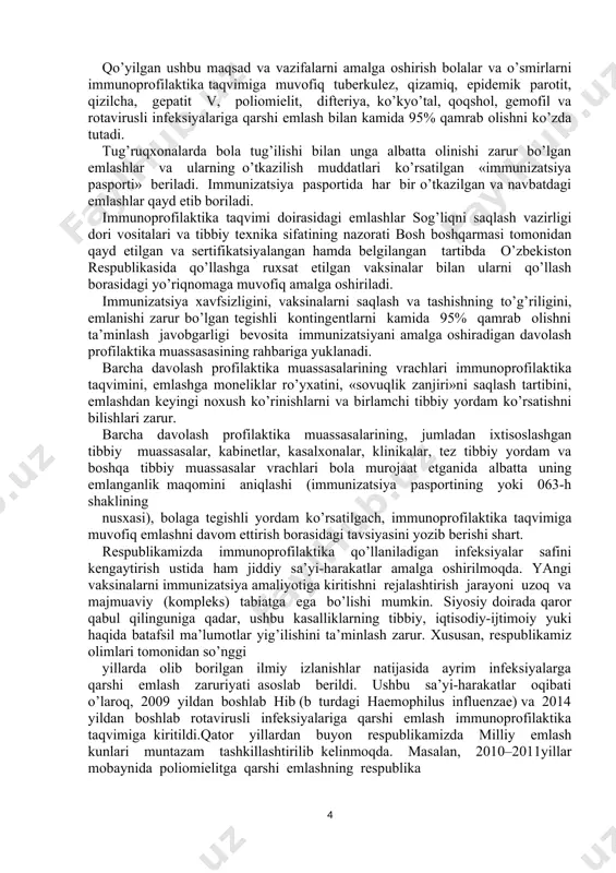 dagi tadbirlarni faollashtirish zarur. yuqorida keltirilgan masalalarning ayrimlarini hal etish uchun jsst yevropa mintaqaviy byurosi «evropa immunizatsiya haftaligi (eih)» deb nom olgan tadbirni ishlab chiqdi va amaliyotga tadbiq etdi. bu yillik axborot-tashviqotni ko’zda tutuvchi tashabbus bo’lib, immunizatsiyaning ahamiyatli ekanligiga barchaning diqqat-e’tiborini jalb etishga qaratilgan hamda 2005, 2007 va 2008 yillarda amalga oshirildi. ishtirokchi davlatlarning aniq xohish-irodasi va so’rovlariga muvofiq, bu tashabbus qator ustuvor «jamoalarga», jumladan ota-onalarga, tibbiyot xodimlariga va siyosiy arboblarga yo’naltirilgandir. yevropa immunizatsiya haftaligi immunizatsiyaga nisbatan salbiy munosabatni chuqur tahlil etishga va kuchlar muvozanatini tiklash maqsadida zarur maqsadli tadbirlarni ishlab chiqishga ko’maklashuvchi juda foydali vosita sifatida o’zini namoyon etdi. jsst yevropa mintaqasiga mansub 51 ta davlat, jumladan o’zbekiston ham 2002 yilda amalga oshirilgan sertifikatsiyadan keyin poliomielitdan xoli hudud maqomiga ega bo’lib qolmoqda. lekin jsst yevropa mintaqasi ba’zi mamlakatlarining ayrim hududlarida vaksinatsiya (oral poliomielit vaksinasini qo’llab) bilan qamrab olishning yaqqol pasayish tendensiyasi kuzatilmoqda; ayrim mamlakatlarda emlash bilan qamrab olishning qayd …
