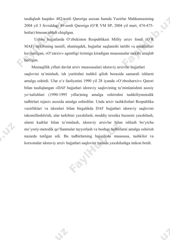 3,2 ming ta muddati o‘tgan yig‘majildlar saqlanmoqda edi. ko‘pchilik muassasalarda doimiy ishlaydigan ekspert komissiyasi tashkil qilinmagan va u to‘g‘risida nizomlar ishlab chiqilmagan edi. boshqa kompleks tekshirilgan idoralar tizimida ham idoraviy arxivlarda hujjatlar saqlovi va ish yuritishni tashkil qilinishida yuqorida bayon etilgan tizimdagiga o‘xshash holatlar uchradi. arxiv tashkilotlari nazoratidagi muassasalarga ish yurtish bo‘yicha yo‘riqnoma, yig‘majildlar nomenklaturasi, ekspertiza komissiyasi, idoraviy arxiv to‘g‘risidagi nizomlar ishlab chiqishga metodik va amaliy yordam ko‘rsatdilar. 1996 yilda o‘zbekiston qishloq xo‘jaligi vazirligi tizimi muassasalarida arxiv hujjatlarining idoraviy saqlovi va ish yuritishda tashkil etilishi ahvoli o‘rganildi. ish yuritishda asosiy me’yoriy hujjat hisoblangan ish yuritish bo‘yicha yo‘riqnoma vazirlik tizimida mavjud bo‘lgan 1763 ta tashkilotning 585 tasida (33%) ishlab chiqilgan. buning ustiga bir qator idoralarda ish yuritish bo‘yicha tuzilgan yo‘riqnomalarga qo‘shimcha aniqlik kiritilishi va arxiv muassasalari bilan kelishish talab qilinardi. vazirlik tizimi tashkilotlarining yig‘majildlar nomenklaturasi bilan ta’minlanishi 65% ni tashkil qilgan. holbuki, hujjatlarni qidirish, indekslashni o‘tkazish, yig‘majildda ijro etilgan hujjatlarni to‘plashda …