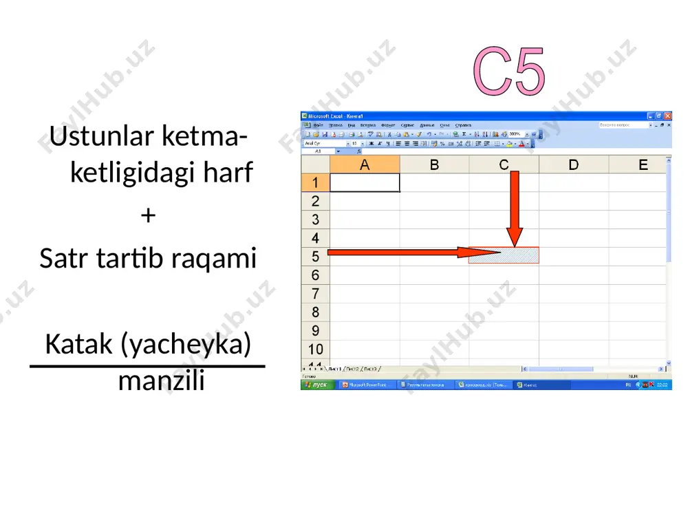 liq ko’rsatish imkonini bermaydi qiymat xato kiritilgan. qiymat himoyalangan katakka kiritilgan. katak formati noto’g’ri belgilangan. diagramma tayyorlash uchun avvalo – …… kerak boshlang’ich ma’lumotlar kiritilgan bo’lishi diagramma nomi kiritilgan bo’lishi diagramma joylashish o’rni tanlangan bo’lishi diagramma turi tanlanishi elektron jadvalda funktsiya bu.... arifmetik amallar to`plami. buyruqlar ketma-ketligi. standart formula. gramatik ifoda. excelda qaysi formula to`g’ri yozilgan? a1+1d =a1+!d =a!*1 =a1+d1 diagramma turlari 31 image1.png image2.png image3.png image4.png image5.png image6.png image7.png image8.png image9.png image10.png image11.png image19.png image20.png image21.png image22.png image23.png image12.png image13.png image14.png image15.png image16.png image17.png image18.png image24.png image25.png image26.png image27.png image28.png image29.png image30.png image31.png image32.png oleobject1.bin image33.wmf image34.jpeg /docprops/thumbnail.jpeg