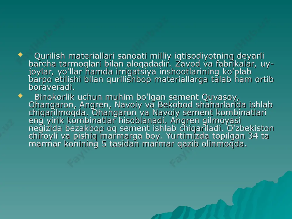 sining katta zahiralari mavjud. jumladan, vollastanitning 50 ga yaqin, grafitning 15 dan ortiq, marmarning 20, grafitning 30 dan ortiq konlari topilgan. qimmatbaho va ishlov beriladigan toshlardan topaz, feruza, tog` xrustalli, ametist, nefrit, lazuritlarning ham yirik-yirik zahiralari topilgan. mustaqillik yillarida qurilish materiallari sanoati ham deyarli qayta qurildi, zamonaviy uskunalar, yangi texnologiya asosida jihozlantirildi. juda ko`p qo`shma korxonalar paydo bo`ldi. natijada ko`p miqdorda va sifatli mahsulotlar ishlab chiqarish hajmi tez o`sib bormoqda. mamlakat qurilish materiallari sanoatiga oid korxonalarda sement, sement-asbest, devorbop materiallar, ohak, gips, temir-beton konstruktsiyalari, deraza oynalari va boshqa mahsulotlar ishlab chiqariladi. tarmoq korxonalarida 100 dan ortiq xildagi mahsulotlar tayyorlanadi. respublika sanoat mahsulotlari umumiy hajmida qurilish materiallari sanoatining hissasi 5,5 foizni tashkil etadi. respublika qurilish materiallari sanoati tarmoqlari va geografiyasi qurilish materiallari sanoati o`z ishlab chiqarish xususiyatiga qarab bir qator tarmoqlarga bo`linadi. sement sanoati. resupblikadagi qurilish industriyasining birinchi korxonasi 1913 yil qurila boshlagan xilkova sement zavodi (hozirgi bekobod sement kombinati)dir. 1927 …