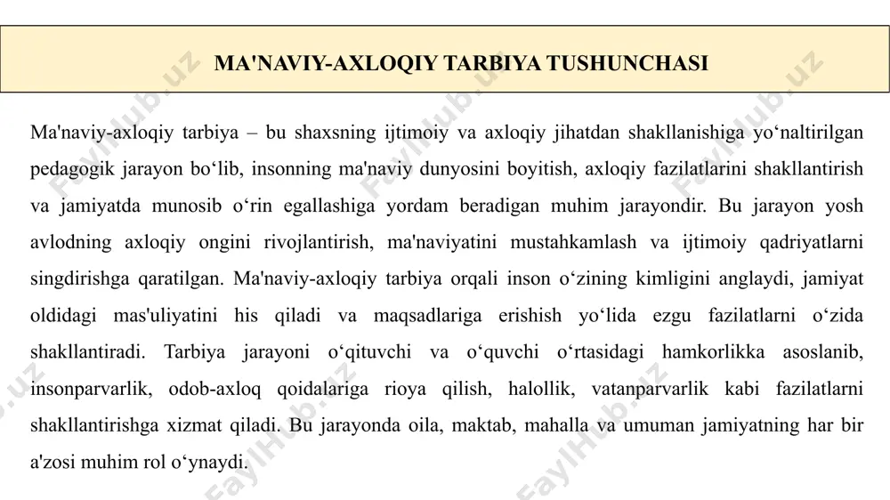 iy bog‘liq: falsafa – inson tabiatini o‘rganish, uning axloqiy va ruhiy olamini anglashga yordam beradi. sotsiologiya – jamiyat va tarbiya o‘rtasidagi bog‘liqlikni o‘rganib, tarbiya jarayonining ijtimoiy ta’sirini tahlil qiladi. psixologiya – shaxs rivojlanishining psixologik asoslarini o‘rganish orqali tarbiya metodlarining samaradorligini oshirishga yordam beradi. tarbiya nazariyasi insonning jismoniy, axloqiy, intellektual va estetik tarbiyasini o‘z ichiga olgan kompleks tizim bo‘lib, shaxsning jamiyatda muvaffaqiyatli moslashuvi va o‘zini namoyon qilishiga xizmat qiladi. ijtimoiy tarbiyaning asosiy vazifalari ijtimoiy tarbiya shaxsni jamiyatga moslashtirish va uning ijtimoiy fazilatlarini shakllantirishga qaratilgan tarbiyaviy jarayondir. bu jarayon insonning axloqiy, huquqiy, madaniy va ijtimoiy jihatdan yetuk bo‘lishini ta’minlashga xizmat qiladi. ijtimoiy tarbiyaning asosiy vazifalari quyidagilardan iborat: insonparvarlik ruhida tarbiya berish – insonning axloqiy fazilatlarini shakllantirish, unga mehr-oqibat, adolat, halollik, hamjihatlik kabi tushunchalarni singdirish. milliy va umumbashariy qadriyatlarni singdirish – yosh avlodning milliy madaniyat va umuminsoniy qadriyatlarga hurmatini oshirish, vatanparvarlik tuyg‘usini shakllantirish. huquqiy madaniyatni shakllantirish – qonunlarga rioya qilish va fuqarolik burchini …