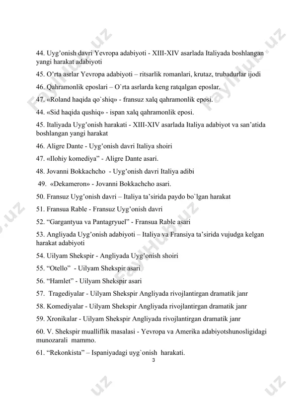 agediyalar - uilyam shekspir angliyada rivojlantirgan dramatik janr 58. komediyalar - uilyam shekspir angliyada rivojlantirgan dramatik janr 59. xronikalar - uilyam shekspir angliyada rivojlantirgan dramatik janr 60. v. shekspir mualliflik masalasi - yevropa va amerika adabiyotshunosligidagi munozarali mammo. 61. “rekonkista” – ispaniyadagi uyg`onish harakati. 62. “don kixot” – m. servantes asari 63. migel servantes - ispaniya uyg`onish davri adibi 64. klassitsizm – antik adabiyotga taqlid qilish asosida ma’lum qoidalarga mislashtirilgan fransiyada paydo bo`lgan adabiy oqim 65. klassitsizm adabiy oqimida uch birlik qonuni – vaqt, joy, harakat birligi 66. klassitsizm adabiy oqimida “yuksak” janrlar – epos, tragediya, qasida (oda). 67. klassitsizm adabiy oqimida “tuban” janrlar – epigramma, satira, komediya 67. moler – fransuz klassirsizm adabiyotining mashhur vakili, komediyanavis 68. moler komediyalari- “xasis”, “yolg`on kasal”, “tartyuf” 69. yevropada maʼrifatchilik harakati – insonlarni ma’rifatli qilish bilan baxti qilish mumkin shiorini ilgari surgan harakat 70. аngliyada maʼrifatchilik – d.defo, j. svift kabi ijodkorlar ilgari …