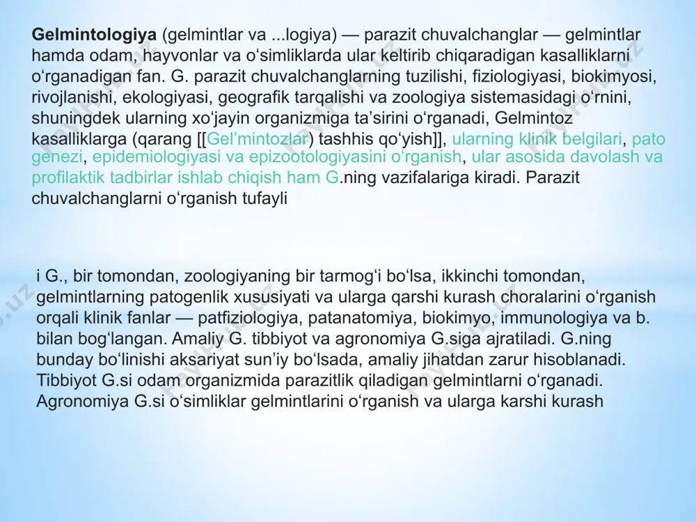 an. g. sohasidagi tadqiqotlar 20-asrning 20-yillaridan boshlab oʻrta osiyo davlat universiteti, tibbiyot parazitologiyasi instituti hamda bir qancha tropik st-yalarning tashkil etilishi bilan kengayib bordi. l. m. isayev rishta hayotini oʻrganib, unga qarshi kurash choralarini ishlab chiqdi va tibbiyot parazitologiyasi sohasidagi tadqiqotlarni boshlab berdi. bu boradagi ishlar keyinchalik s. n. bobojonovning tadqiqotlarida oʻz aksini topdi. oʻzbekistonda veterinariya g.si sohasidagi tadqiqotlarga n. v. badan i n asos solgan. yovvoyi va uy hayvonlari gelmintlarining turlar tarkibi, biologik va ekologik xususiyatlari hamda ularga qarshi kurash usullari m. a. sultonov, i. x. ergashev, j. a.azimov, n. m. matjonov, a. n. brudastov, b. s. salimov. sh. a. azimov, m. a. aminjonov, a. o. oripov, s. dadayev, g. s. poʻlatov va b.ning ishlarida aks etgan. oʻzbekistonda fitogelmintlarni oʻrganishni ye. s. kiryanova boshlab bergan. turli xil qishloq xoʻjaligi ekinlari ildizi va uning at-rofidagi tuproq nematodalarini oʻrganish a. t. toʻlaganov va shogirdlari ishlari bilan bogʻliq. gʻoʻza, kanop, sabzavot va …