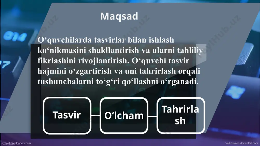 savol javob o‘lchamini o‘zgartirish nimaga kerak? dpi nima va u qayerda muhum? tahrirlash orqali tasvir sifati o‘zgaradimi? xulosa a b c d e f i h g tasvir bilan ishlashda tushunchalarni to‘g‘ri anglash muhum tushunchalar tahlili orqali mavzuni chuqur o‘zlashtirish har bir o‘quvchi amaliy mashq bilan ko‘nikmani shakllantiradi. image1.png image2.jpg image3.jpg image4.jpg image5.jpg image6.jpg image7.jpg image14.svg image8.jpg image9.png image8.svg image10.png image10.svg image11.png image12.svg image12.png image13.jpg .msftofcthm_text1_fill { fill:#000000; } .msftofcthm_text1_fill { fill:#000000; } .msftofcthm_text1_fill { fill:#000000; } .msftofcthm_text1_fill { fill:#000000; } /docprops/thumbnail.jpeg