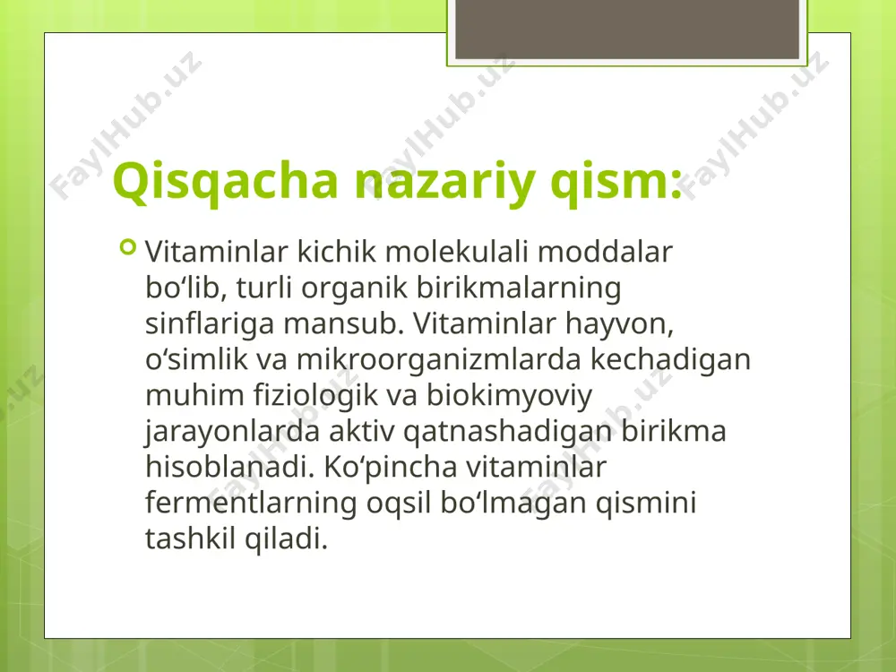 ti. ishning bajarilishi: 10 mg tiamin bromid kukunini 5 ml suvda eritib, ustiga 1 ml 5% li ferritsianid kaliy eritmasidan, 1 ml 10% li o‘yuvchi natriy va 5 ml butil spirtidan solinadi. probirka (yoki stakan) yaxshilab chayqatiladi va bir necha daqiqa xona haroratida qoldiriladi. yuqorigi, spirtli qatlam ehtiyotlik bilan ajratib olinib, qorong‘i xonada simob-kvartsli lampa nurlari yordamida ko‘riladi. natijada havorang yoki ko‘k rangli fluorestsensiya aniq ko‘rinadi. vitamin c (askorbin kislotasi) metilen ko‘ki bilan boradigan reaksiya reaktivlar: a) karam yoki kartoshkaning sharbati, b) 0,01% li metilen ko‘ki, v) 5% li natriy karbonat. ishning bajarilishi: 1 ml yangi ajratilgan karam yoki kartoshka sharbatiga 1-2 tomchi metilen ko‘ki eritmasidan solinadi va ustiga 2-3 tomchi natiriy karbonatdan qo‘shiladi. probirka yengil qaynatiladi va natijada ko‘k rangning yo‘qolishi kuzatiladi. qizil qon tuzi bilan boradigan reaksiya reaktivlar: a) karam yoki kartoshkaning sharbati, b) qizil qon tuzining 5% li eritmasi, v) kaliy ishqorining 5% li eritmasi, g) 10% …