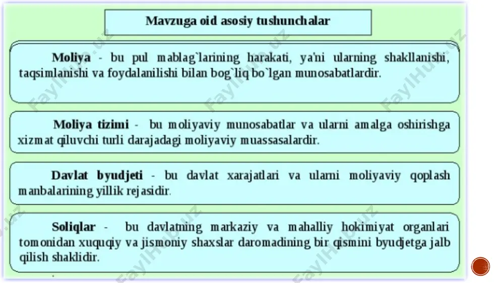an ta`minlash tizimi orqali amalga oshadi. davlat budjeti – bu davlat daromadlari va xarjatlari hamda ularni moliyaviy qoplash manbalarining yillik rejasidir - pul va unga tenglashtirilgan moliyaviy aktivlar shaklida ifodalanadi. - ekvivalent ayirboshlashsiz va qaytarilishsiz taqsimlanadi. - yamm (yaim, milliy daromad)ni omilli daromadlar va maxsus fondlarga taqsimlaydi hamda qayta taqsimlaydi. 9 9 moliyaning vazifalari moliyaning asosiy belgilari moliyaviy ta’minlash . 1. bunda moliya takror ishlab chiqarishni iqtisodiy jarayonlarni va tadbirlarni moliyaviy resurslar bilan ta’minlaydi taqsimlash 2. bu vazifasi orqali moliya milliy daromadning bir qismini soliqlar, renta, boj to’lovlari, aktsizlar va boshqa yig’inlar shaklida birlamchi taqsimlaydi hamda ijtimoiy-madaniy ehtiyojlar, daromadlar darajasini ushlab turish, mudofaa, boshqarish, atrof-muhitni muhofaza qilish maqsadlari uchun qayta taqsimlaydi. rag’batlantirish nazorat qilish ijtimoiy himoya 3. bunda moliya iqtisodiy faollikni soliq imtiyozlari, subsidiya, dotatsiya va subventsiyalar yordamida rag’batlantiradi. 4.bu vazifa moliyaviy resurslardan foydalanish va moliyaviy intizomga rioya qilish moliyaviy muassasalar nazorati ostida bo’lishini anglatadi. 5.moliyaning bu vazifasi jamiyat a’zolarining …