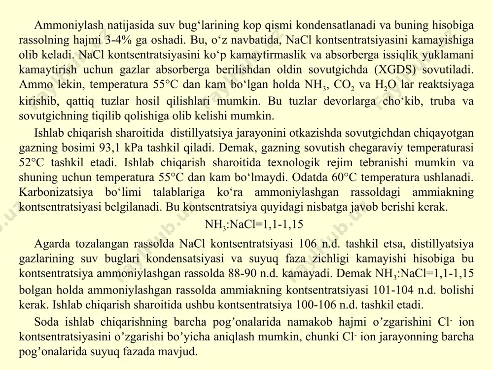 nh3) chiqayotgan gazlardan kgyu-2 da ammiak yutiladi. chiqayotgan gazlar yuvilgandan keyin agyu dan birinchi absorberga (ab-1) (5) kelib tushadi va undan keyin ikkinchi absorberga (ab-2) (6). rassolga qarama qarshi ab-2 dan keyin ab-1 dan distillyatsiya bo‘limidan ammiakli gaz otadi. bu gaz absorbtsiya bo‘limiga 70°c temperatura bilan keladi. ikkinchi absorberga kelib tushishidan oldin distillyatsiya gazlari sovutgichida (dgs) (7) gazlar 580c temperaturagacha sovutiladi. distillyatsiya bo‘limidan kelayotgan ammiakning yarim qismi birinchi absorberda yutiladi. bu gazdan dioksid uglerod gaz ham yutiladi. ammiak yutilishi va uning dioksid uglerod bilan reaktsiyaga kirishish natijasida birinchi absorberda temperatura 60-63°c gacha oshadi. ikkinchi absorberda ammiakning yutilishi rassol va gazning trubkali sovitgichlarda sovitilishi bilan otkaziladi. sovitgichlarning sovitish trubkalariga tepadan taqsimlovchi plita orqali birinchi absorber dan rassol sepiladi, pastdan trubkalar orasiga dgs dan gaz kotariladi. nh3 va co2 gazlar yutilishi natijasida hosil bolgan issiklik trubkaning ichidagi sovuq suv bilan chiqarilib tashlanadi. ikkinchi absorberdan 65°c temperaturada chiqayotgan ammoniylashgan rassol sovitgichda (8) sovitiladi …