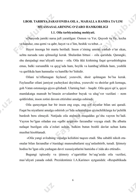 i dedik. bu o’choqda barkamol farzandlar pishib etilishi uchun buyuk davlatimiz, havas qilsa arzigulik prezidentimiz, jonkuyar xalqimiz barcha sharoitlarni yaratib bermoqda. bunga javoban biz ham oz bo’lsada o’z hissamizni qo’shishimiz shart deb o’ylaymiz.bunday boylikga ega bo’lganlarni jamoa boy-badavlat ota-ona, boy-badavlat oila deb tan oladi. bunday oila hech qachon xor bo’lmaydi». inqilobdan oldin, uning dastlabki kunlaridayoq sharqona tarbiyaga yuksak baho berilgan edi. «bolaga muhabbat, bolaga diqqat – e’tiborni rusiyaliklar sharq xalqlaridan o’rganishlari kerakligi» e’tirof etilgan edi. bir qancha rus etnograflarining turkiston xalqlari turmush tarzi, oilaviy munosabatlari, an’analari bilan qiziqishlari tarixdan ma’lum. lekin vaqt o’tishi bilan nimagadir milliy qadriyatlarga bid’at va xurofot deb nom berildi. bizda e’tiborga olinmagan kaykovusning «kobusnomasi», yusuf xos hojibning «qutadg’u bilig», ahmad yugnakiyning «hibbatul haqoyiq»i jahonda tan olindi. navoiy bobomiz, munis xorazmiy, abdulla avloniy, hoji abdullo orif, sa’di sheroziy, mirzo bedil, hamzalar o’z asarlarida o’zbek xalqining o’ziga xos xususiyatlarini ochib berishgan. o’zbeklardagi ota–onaga bo’lgan izzat–hurmat, birodarlarga bo’lgan mehr–shafqat, …