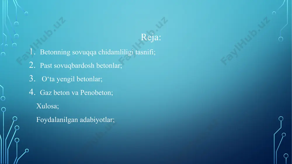0 oralig‘ida bo‘ladi. past sovuqbardosh betonlar va ularning o‘ziga xos xususiyatlari: past sovuqbardosh betonlar kam siklli sovuqbardoshlikka ega bo‘lib, ularni iqlimi iliq yoki yopiq muhitda foydalaniladigan inshootlar uchun ishlatish maqsadga muvofiqdir. ushbu betonlar tarkibida ko‘p havo bo‘shliqlari, past zichlik va namlik yutish darajasi mavjud bo‘lib, ularning sovuqqa chidamliligini pasaytiradi. o‘ta yengil betonlar zichligi 500 kg/m³ gacha bo‘lgan, issiqlik izolyatsiyasi kuchli, lekin mexanik mustahkamligi nisbatan past bo‘lgan betonlar hisoblanadi. ular orasida gazobeton va penobeton asosiy o‘rin egallaydi. yengil beton klasslari: в2; 2,5; 3,5; 5; 7,5; 10; 12,5; 17,5; 20; 22,5: 25; 30; 40; o’ta yengil beton klasslari: в0,35; 0,75 va 1. gazobeton gazobeton – o‘ta yengil, g’ovak tuzilishga ega beton bo‘lib, zichligi odatda 400 dan 700 kg/m³ gacha bo‘ladi. bu beton turi kimyoviy usulda hosil qilingan g‘ovaklar hisobiga o‘zining past zichligiga ega bo‘ladi. g‘ovaklik darajasi 75–85% ni tashkil etadi. gazobetonning bosimdagi mustahkamligi 1.5 mpa dan 5 mpa gacha bo’ladi, ya’ni b1.5 …