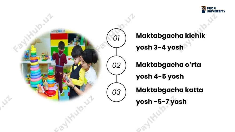 hu tariqa о‘yin bir necha marta takrorlanadi. tarbiyachi bolalarning sо‘zlashishi davomida ularning nutqini kuzatib, tо‘g‘ri jumlalar tuzib sо‘zlashiga e’tibor beradi.kichkintoylar yо‘l qо‘ygan xatolarni о‘z о‘rnida tо‘g‘rilab boradilar. о‘yin – bolani ijtimoiy-hissiy rivojlantirish asosidir. о‘yin о‘ziga xos xususiyatga ega. о‘yin bolaning shax­siy tashabbusiga kо‘ra vujudga keladigan, о‘zining faol ijodiy yо‘sindagi, yuksak ta’sirchanlik ruhi bilan ajralib turadigan erkin va mustaqil faoliyatdir. о‘yin – maktabgacha yoshdagi bolalar hayotini tashkil etish shakli. о‘yin -bolalarni har tomonlama tarbiyalash vositasi. о‘yin - bolalarga ta’lim-tarbiya berish usuli. о‘yin ham mashg‘ulot, ham faoliyat о‘yin-bu ijtimoiy tajribani о‘zlashtirishga va yaratishga qaratilgan vaziyatlar sharoitidagi faoliyat turi bо‘lib, hatti-harakat ustidan о‘zini-о‘zi boshqarish yuzaga keladi va takomillashadi. o’yinchoqlarga qo’yiladigan talablar pedagogik talab. o’yinchoq obrazi va mazmunining bola tarbiyasiga muvofiqligi, g’oyaviy jihatdan qimmatli bo’lishi pedagogik talabning muhim belgisi hisoblanadi. gigiyenik talab. o’yinchoq qanday materialdan va rangdan tayyorlanganligi, bolaning hayotiga hech qanday xavf solmasligi, yaxshi tozalanishi mumkinligi asosiy talab hisoblanadi. badiiy talab. shakl, bo’yoq …