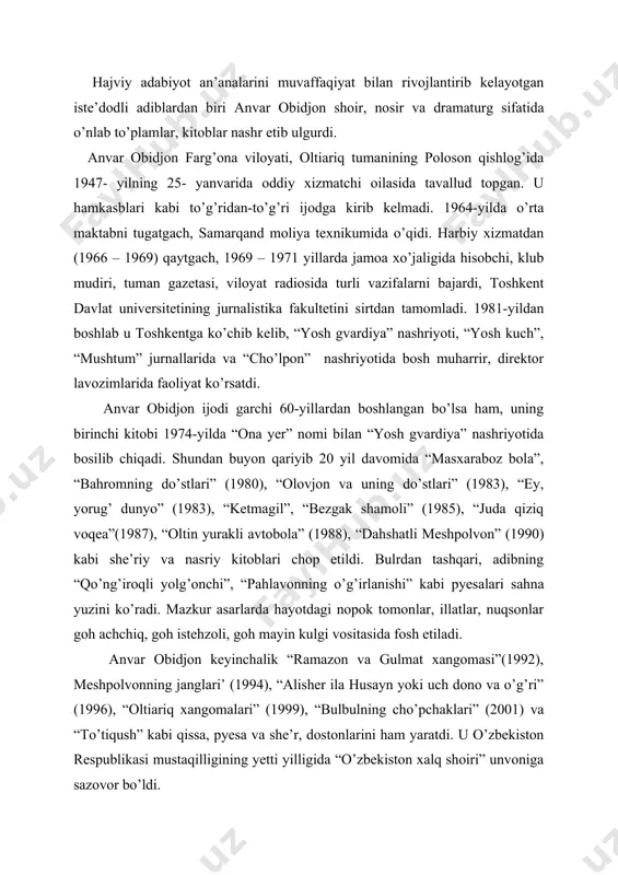 tomonlar, illatlar, nuqsonlar goh achchiq, goh istehzoli, goh mayin kulgi vositasida fosh etiladi. anvar obidjon keyinchalik “ramazon va gulmat xangomasi”(1992), meshpolvonning janglari’ (1994), “alisher ila husayn yoki uch dono va o’g’ri” (1996), “oltiariq xangomalari” (1999), “bulbulning cho’pchaklari” (2001) va “to’tiqush” kabi qissa, pyesa va she’r, dostonlarini ham yaratdi. u o’zbekiston respublikasi mustaqilligining yetti yilligida “o’zbekiston xalq shoiri” unvoniga sazovor bo’ldi. aytishlaricha, luqmoni hakimning oldiga bir guruh kishilar mehmon bo’lib keldi. undan hikmatga oid narsalardan so’rashdi. shunda kelganlardan biri: · ey hakim, sen falon yerda cho’ponlik kelgan kishi emasmisan? – deb so’rab qoldi. · ha, o’sha cho’ponman, - javob berdi luqmon, - hozir ko’rib turibsanki hakimman. · bu darajaga qanday erishding? – so’radi yana u. luqmoni hakim unga: · to’g’ri so’zlashdan, odamlarga yaxshilik qilishdan, omonatga hiyonat qilmaslikdan, yolg’on so’zlamaslikdan, behuda gapirmaslikdan, musibat va qiyinchiliklarga mardona chidashdan, o’zimni barchadan kam olishdan! – deb javob berdi. anvar obidjonning butun ijodi yuqoridagidek vazifani o’zida …