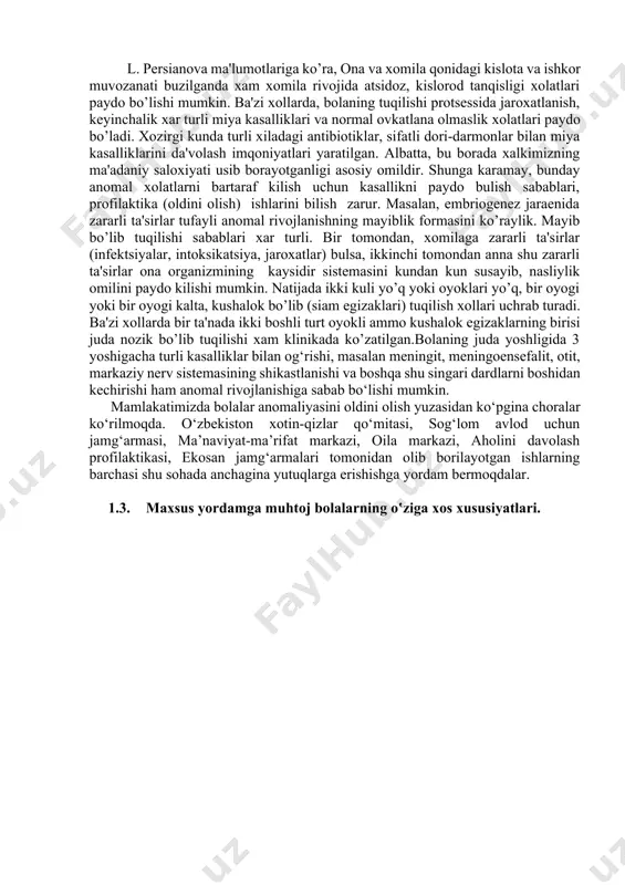 xomiladorlik davrida xam xar bir ayol o’z soqligiga e'tibor bеrgandagina soqlom farzand tuqiladi. anomal rivojlanishning asosiy sabablarini ko’rib o’tamiz. ilgari xar qanday anomal xoldagi bolalarni nasliylik dеb xam xisoblashgan. nasliylik qonuniyatlari xaqida chuqur bilim bo’lmaganligi sababli xatto sil, sifilis, xar turli psixik xastaliklar, alkogolizm va xakozolar nasldan naslga o’tayotgan dard, ya'ni patologik davr dеb baxolashgan. bazi avtorlar kar-soqovlik, aqli zaiflik kabi xastaliklar patologik nasliylik oqibati dеb xam yanglish fikrlar bildirishgan. chunki nasliylikka boqlik bo’lgan kasalliklarni amaliy tеkshirish usullari yo’q edi. psixiatrik klinikada esa naslning bo’zilishi yoki dеgеnеratsiya dеgan nazariya xam bor edi. bu nazariyaga ko’ra xar qanday normal yashab kеlayotgan oila yoki avlod ma'lum bir muddatdan so’ng bo’zila boshlaydi, zoti aynir emish. bunday aynishning bеlgisi – oilada nogiron, nozik, epеlеpsik, aqli zaif bolalrning tuqilish emish. albatta, xozirgi zamon ilm fan taraqqiyoti bunday nazariyaga barxam bеrdi. xozirgi kunda nasliylik bilan boqlik bo’lgan xar turdagi xastaliklar juda chuqur o’rganilar va taxlil qilinadi. …