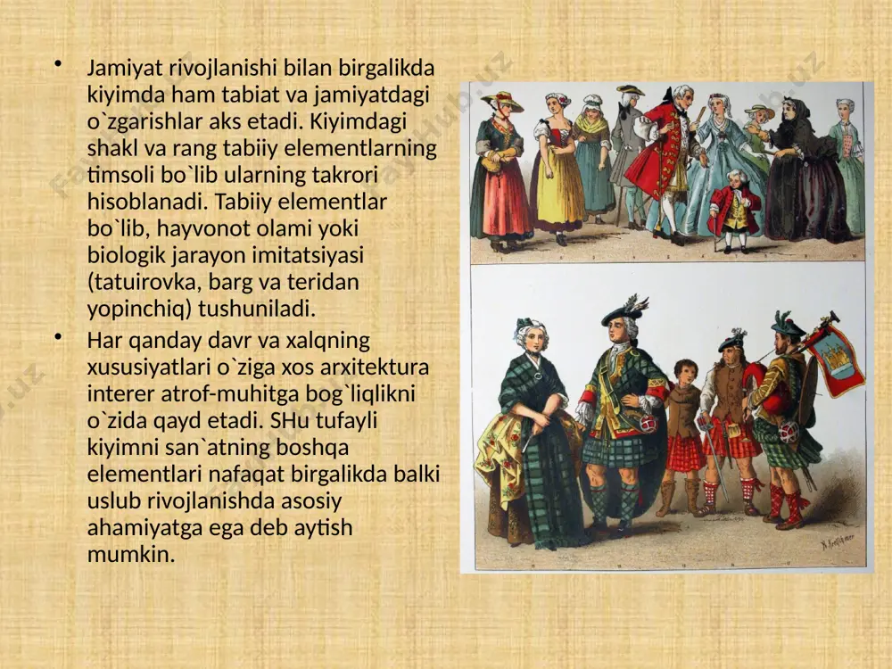 im iqtisodiy darajasi belgisi kiyim ma`lum g`oyaviy guruhga taalluqlilik (xudojo`y, zamonaviy, konservativ) kiyim etnik sifat belgisi (mintaqaviy, milliy) kiyim jinsiy farqlilik belgisi kiyim insonning did belgisi kiyim madaniyat belgisi dastlab belgililik odam tanasining qismlari va uning funktsiyalarini belgilaydi. keyinchalik u kostyum turi materialning shakli, rangi, detallarning joylashuvi va tasnifi kiyimni manerasi va bezaklari sifatida ishlatiladi. image2.jpeg image3.jpeg image4.jpeg image5.jpeg image6.jpeg image1.jpeg