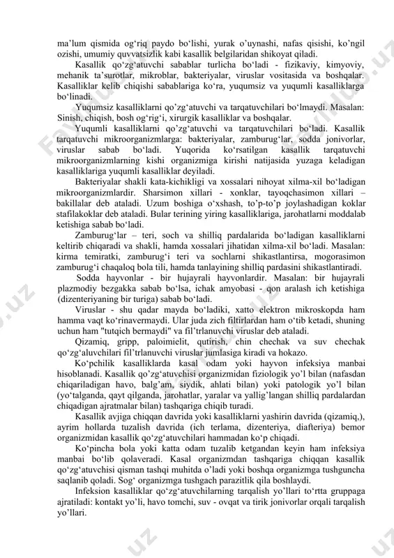 gini ko‘rsatib o‘tdi. ijtimoiy kapitalni sog‘liqni saqlash tizimiga to‘g‘ridan-to‘g‘ri ta’sirlarini tadqiqotlar hujjatlari qatorida, masalan, astma kasalligini bolalarda kelib chiqishi past bo‘lgan hududlarda ko‘proq uchratilgan va ijtimoiy kapitalni salbiy oqibatlari bolalar sog‘ligiga ta’sir ko‘rsatgan[footnoteref:1]. [1: the rignt start to a healthy life. contact : i.stegeman @eurohealthnet.eu, c.costongs @eurohealtnet.eu eurohealthnet, rue de la loi 67 , 1040 brussels, belgium, 169-200 betlar mazmun mohiyatidan foydalanildi] shuning uchun tarbiyachilar, o‘qituvchilar har-bir bolaning ana shu fiziologik va psixologik xususiyatlariga bilimlariga asoslangan holda, ta’lim va tarbiyaviy ishlarni olib borish maqsadga muvofiqdir. kasal organizm bu kishi organizmining shunday holatiki, u tashqi muhit sharoitining ozgina o‘zgarishlariga ham moslasha olmaydi. natijada, uning aqliy va jismoniy ish qobilyati pasayadi yoki butunlay yo’qoladi. be’mor tanasining ma’lum qismida og‘riq paydo bo‘lishi, yurak o’uynashi, nafas qisishi, ko’ngil ozishi, umumiy quvvatsizlik kabi kasallik belgilaridan shikoyat qiladi. kasallik qo‘zg‘atuvchi sabablar turlicha bo‘ladi - fizikaviy, kimyoviy, mehanik ta’surotlar, mikroblar, bakteriyalar, viruslar vositasida va boshqalar. kasalliklar kelib …