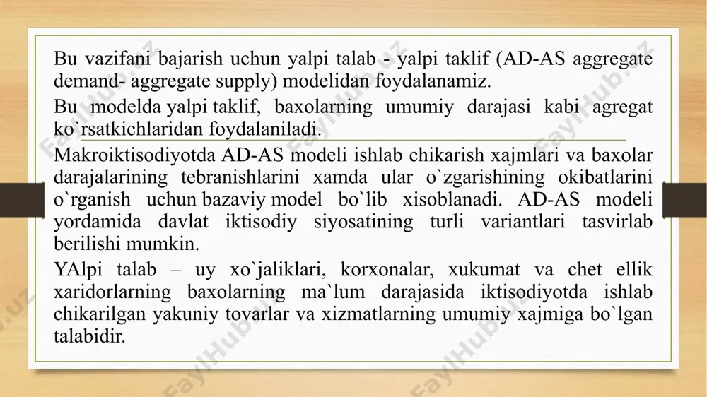`z aksini topadi va uning egri chizigini chapga yoki o`ngga siljitadi (9-chizma). yalpi talabning baxoga boglik bo`lmagan omillariga kuyidagilarni kiritamiz: 1. iste`mol xarajatlaridagi o`zgarishlar: a) iste`molchilarning real moddiy aktivlari mikdorining o`zgarishi; b) iste`molchilar kutishi; v) iste`molchilarning karzlari mikdorining o`zgarishi;g) iste`molchilar daromadlaridan olinadigan soliklar mikdorining o`zgarishi. 2. investitsiya xarajatlaridagi o`zgarishlar: a) foiz stavkasidagi o`zgarishlar; b) investitsiyalardan kutilayotgan foyda normasining o`zgarishi; v) korxonalardan olinadigan soliklar mikdorining o`zgarishi; g) yangi texnologiyalarning ishlab chikarishga jalb kilinishi; d)zaxiradagi kuvvatlar o`zgarishi. 3. davlat xarajatlarining o`zgarishi. masalan, xarbiy xarajatlar va yangi kasalxona va boshka muassasalar kurishga karor kilinganda. 4. sof eksport xajmidagi o`zgarishlar. a) boshka mamlakatlar milliy daromadlarining o`zgarishi. b) valyuta kurslaridagi o`zgarishlar pulning mikdoriy nazariyasi tenglamasi yukoridagilardan tashkari yalpi talabning narxlarga boglik bo`lmagan yana ikki omilini beradi. bular: pul taklifi (m) va pulning aylanish tezligi (v) dir. yalpi talabning baxoga boglik bo`lmagan omillari ta`sirida ad egri chizigi o`ngga yoki chapga siljiydi (9-chizma). natijada ma`lum baxo darajasiga …
