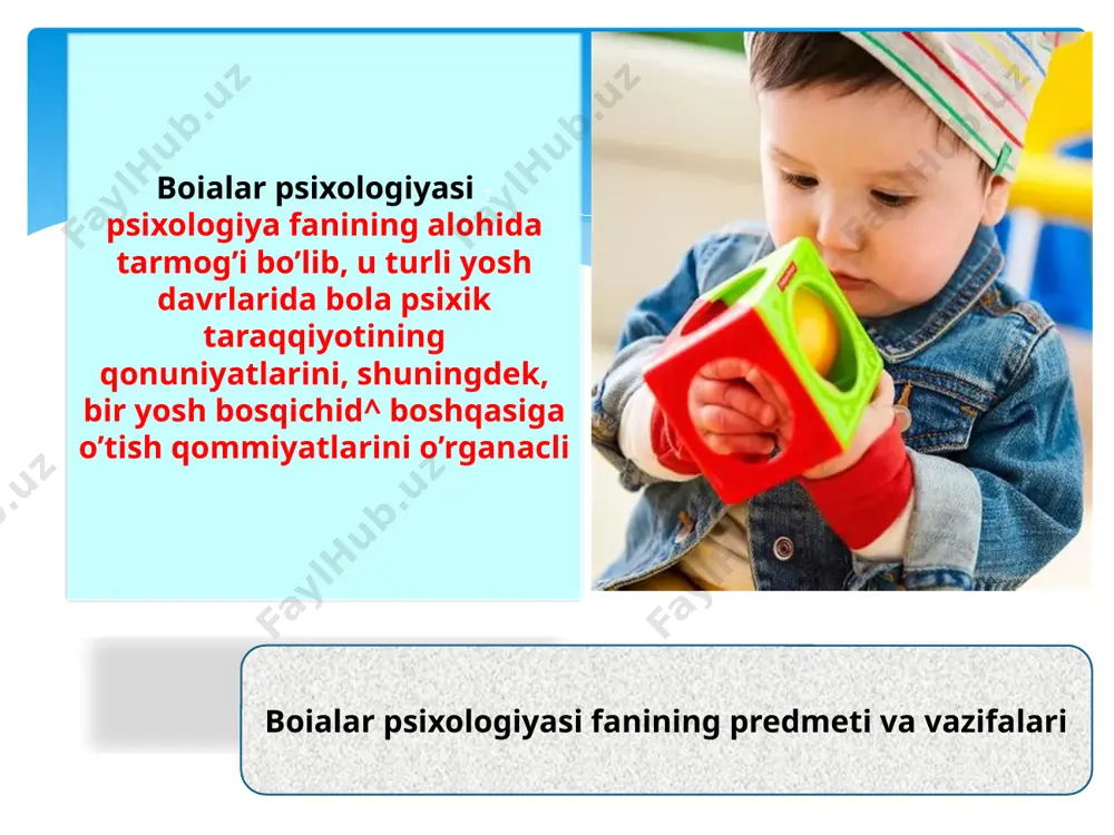 cha. yosh davrlarining an’anaviy tasnifiga ko’ra bolalik -- go’daklik (tug’lgandan lyoshgacha) ilk bolalik (1 yoshdan 3 yoshgacha), maktabgacha yosh (3 yoshdan 6-7 yoshgacha) 5 taraqqiyot - narsa уой hodisalarrdng vaqt o’tishi bilan miqdor va sifat jihatdan o’zgarishi natijasida yuqoriroq darajaga ko’tarihshi. psixika taraqqiyoti - tug’ilgandan boshlab yosh davrlari o’tishi bilan psixika faoliyatining takomillashishidir. psixik taraqqiyot bolaning insoniyat tarixi davomida to’plagan bilim va tajribalami o’zlashtirishi hamda shaxs sifatida shakllanib borishi jarayonidan iborat. yosh - individ psixik taraqqiyotning aniq vaqt chegarasiga ega bo’lgan bosqichi. psixik taraqqiyotning har bir bosqichida individda muayyan fiziologik va psixologik o’zgarishlar kuzatiladi. odatda psixologiyada xronoloj'^k va psixologik yosh ajratiladi. xronologik yosh inson tug’ilgandan boshlab necha yosh yashaganini ifodalaydi yosh psixologiyasining bugungi kundagi eng muhtm muammolari quyidagilardan iborat: a) turli psixofiziologik funksiyalaming yoshga oid me’yoralrini ilmiy jihatdan asoslab berish; b) individ, shaxsniiig yetuklik mezonlari va na’munalarini aniqlash; c) hayotning turli bosqichlarida insonning real va potensial imkoniyatlari qanday bo’lishini aniqlash; …