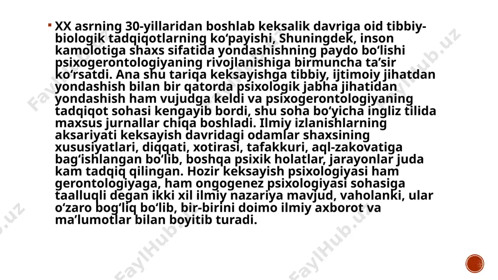 obig‘ining peshona qismida yaqqol ko‘rinadi va etuk yoshdagi odamlarga qaraganda 3—4 ta yo‘l qisqaradi; g) miyaning zichligi ortadi. mikroskopiyaning natijalariga binoan: 1) nerv hujayra- larining umumiy miqdori kamayadi, bu o‘zgarish qobig‘ining iii-v zonalarida aniq bilinadi. 2) purkine hujayralarining mikdori keskin kamayadi, hujayralarning yo‘qolishi etuk kyshilart nisbatan 25 % ko‘p bo‘ladi; 3) nerv hujayralari ajinlashadi: yadro esa noto‘g‘ri ko‘rinishga ega bo‘la boshlaydi; 4) nerv tolalari yo‘g‘on- lashadi; 5) xabar olib boruvchi yo‘lda mielin tolalarining miqdori ozayadi. keksayish davri 61 yoshdan 74 yoshgacha bo`lgan davrni o`z ichiga oladi. bu yoshdagi kishilar shaxslararo munosabatlarda boshqa yoshdagi kishilardan ajralib turadi. ularni shartli ravishda ikki guruhga bo`lish mumkin: 1) mutlaqo istefoga chiqqan, ijtimoiy faol bo`lmagan erkak va ayollar; 2) nafaqaga chiqqan erkak va ayollar, lekin ijtimoiy hayotning turli sohalarida faoliyat ko`rsatayotgan keksalar. image1.png image3.png image7.jpeg image5.png /docprops/thumbnail.jpeg