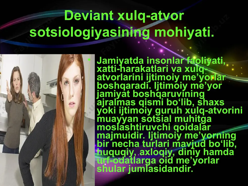 ilish. 2) alkogolni ko‘p iste’mol qilish — spirtli ichimliklarni mumtazam, ya’ni haftada bir martadan bir necha martagacha yoki, birvarakayiga o‘rtada tanaffus bilan ko‘p mikdorda (200 ml.dan oshiq). bu ko‘pincha alkogolizmga olib keladi. 3) alkogolizm — spirtli ichimliklarga patologik (muttasil) o‘rganib qolish bilan tavsiflanuvchi kasallik. giyohvandlik. giyohvand yoki unga tenglashtirilgan vositalarga muntazam ruju qo‘yish va tibbiy ko‘rsatmalarsiz iste’mol qilish. fohishabozlik. fanda rasmiy nikohsiz jinsiy aloqa ikki turga bo‘lib o‘rganiladi: 1. konkubinat — nikohsiz birga yashash. 2. fohishabozlik — pul uchun o‘z tanasini sotish. g‘arbda asosan ikkinchisi qoralansada, sharqda ikkala holatga ham me’yordan og‘ish sifatida qaraladi. «byurokratiya» «byurokratiya» termini asilda «hokimiyanga ega bo‘lgan xodim» degan ma’noni anglatadi. biroq davrlar o‘tishi bilan «byurokratiya» mahalliychilik, qog‘ozbozlik, to‘rachilik, mansabni suiste’mol qilish kabi salbiy ma’nolarda qo‘llanila boshlaydi. hozirgi kuyda ko‘plab davlatlarda «byurokratiya» termini asl ma’nosini yo‘qotib, boshqaruvdagi o‘ziga xos idoraviy uslub tarzida tushuniladi. mahalliychilik, urug‘-aymoqchilik, boqimandachilik kabi salbiy holatlar ham ijtimoiy me’yordan cheskinishning diqqattalab ko‘rinishlaridan hisoblanadi. …