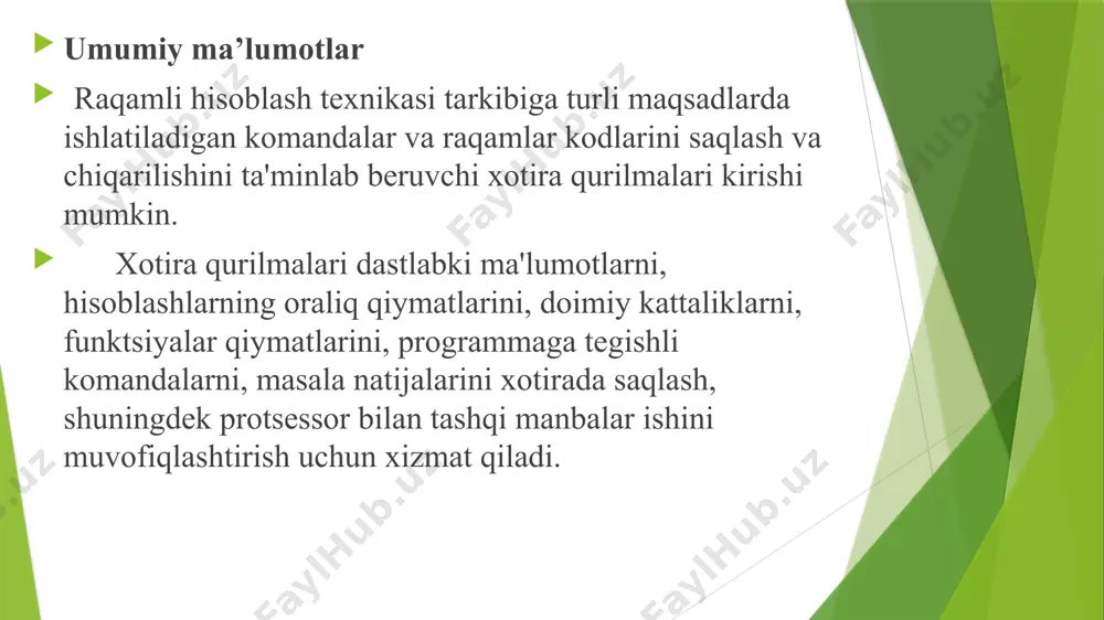 har qanday xotira qurilmasi to‘plagich blok, son rеgistri, yozuv bloki, o‘qish bloki, sonlarni tanlash, manzillar rеgistri, boshqaruv bloklaridan tashkil topgan. nazorat savollari. xotira qurilmalari mikroprotsеssorda qanday vazifani bajaradi? 2. mikroprotsеssorlarda rеgistr qanday vazifani bajaradi? 3. sanoqchi qurilmalar dеb, qanday qurilmalarga aytiladi? image1.png /docprops/thumbnail.jpeg