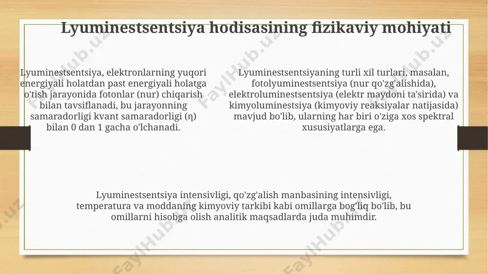 ularning kimyoviy tuzilishi va konsentratsiyasi aniqlanadi. ushbu usul, 10⁻⁹ mol/l gacha boʻlgan past konsentratsiyadagi komponentlarni aniqlash imkonini beradi, bu esa uni yuqori sezgirlikka ega qiladi. tahlil natijalarini qayta ishlash va talqin qilish natijalarni talqin qilishda, ma’lum bir analit uchun kalibrlash egri chizig‘i yordamida 5-10 mg/l oralig‘idagi konsentratsiyalarni aniqlash mumkin. luminesensiya intensivligini aniqlashda, 3 dan ortiq takror o‘lchovlar o‘tkazib, o‘rtacha va standart og‘ishishni hisoblash orqali natijalar aniqligi oshiriladi. luminesensiya intensivligini aniqlashda, 3 dan ortiq takror o‘lchovlar o‘tkazib, o‘rtacha va standart og‘ishishni hisoblash orqali natijalar aniqligi oshiriladi. kemilüminestsent tahlil usullari kimyolüminessensiya, fermentlar yordamida katalizlangan reaksiyalar, masalan, atp miqdorini aniqlashda ishlatiladigan reaksiyalarni o'rganishda keng qo'llaniladi, bu esa tibbiyot va oziq-ovqat sanoatida 100 dan ortiq turdagi namunalarni tahlil qilishda ishlatiladi. ba'zi kimyolüminessensiya tahlil usullari, masalan, lüminol yoki luminolga o'xshash birikmalarni ishlatadigan usullar, suv namunalarida oksidlovchi moddalarni aniqlashda yuqori sezgirlikka ega bo'lib, aniqlik darajasi 95% dan yuqori. kimyolüminessensiya tahlil usullari, reaksiya natijasida chiqadigan yorug'lik intensivligini …