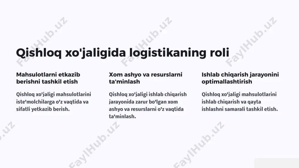 h. 5 mikrologistik tizimning asosiy elementlari 1 resurslarni ta'minlash zarur xom ashyo va resurslarni olish va ularni fermer xo'jaligiga yetkazib berish. 2 ishlab chiqarish jarayoni qishloq xo'jaligi mahsulotlarini ishlab chiqarish va ularni sifatini nazorat qilish. 3 saqlash mahsulotlarni xavfsiz va sifatli saqlash uchun tegishli sharoitlarni yaratish. 4 tashish mahsulotlarni xaridorlarga o'z vaqtida va sifatli yetkazib berish. 6 mikrologistik tizimni samarali boshqarish tamoyillari rejalashtirish mikrologistik operatsiyalarni rejalashtirish va ularning samaradorligini oshirish. tashkil etish mikrologistik operatsiyalarni tashkil etish va boshqarish tizimini yaratish. nazorat qilish mikrologistik operatsiyalarni doimiy nazorat qilish va ularning samaradorligini tahlil qilish. 7 makrologistik va mikrologistik tizimlarning uzviy bog'liqligi 1 makrologistik tizim keng ko'lamli logistik operatsiyalarni boshqarish. 2 mikrologistik tizim fermer xo'jaligida samaradorlikni oshirish. 3 qishloq xo'jaligida logistik tizimlar samaradorlikni oshirish va raqobatbardoshlikni kuchaytirish. 8 qishloq xo'jaligida logistik tizimlarni takomillashtirish yo'nalishlari 1 texnologiyalarni joriy etish zamonaviy texnologiyalarni qishloq xo'jaligida qo'llash. 2 logistik jarayonlarni optimallashtirish logistik jarayonlarni samarali tashkil etish va …
