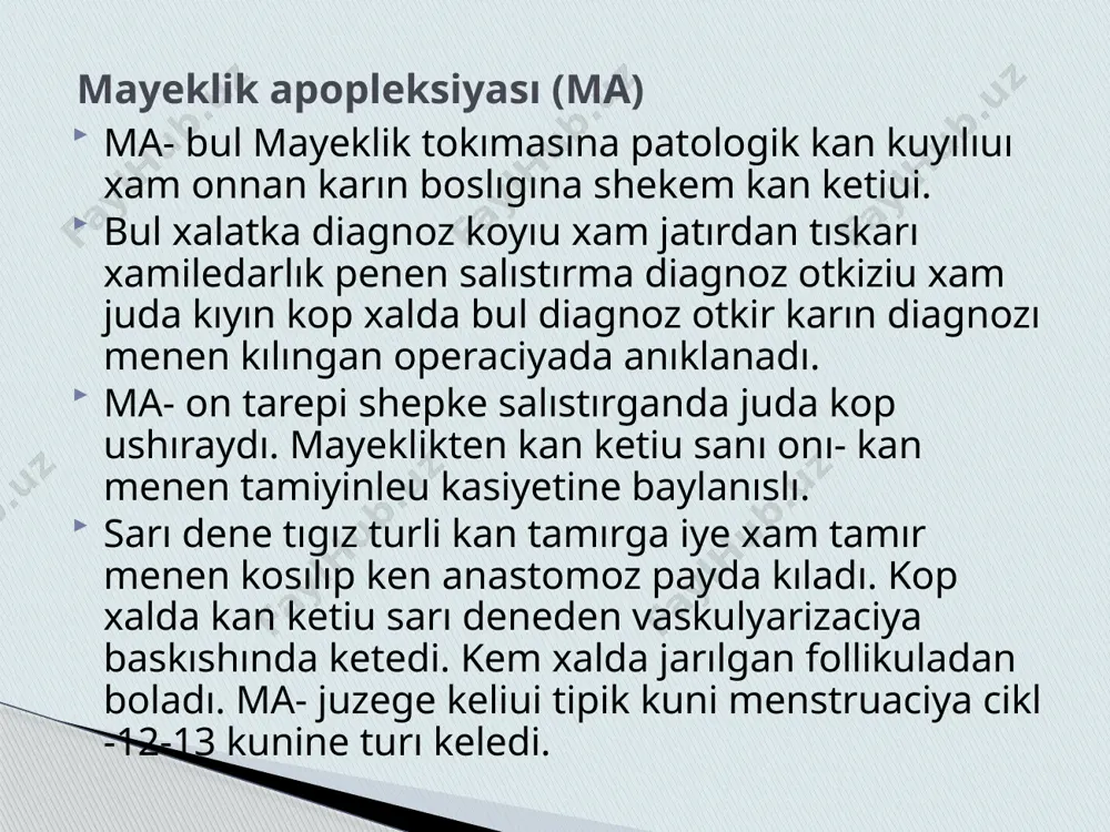 etkin-blyumberg simptomı on. perkussiyada ayrım jerlerde buuıklaskan dauıs esitiledi. ginekologik tekseriude kın xam jatır moynı- kın bolimi cianoz, otkir tok qanlı eki sargısh ajralmalar surkeliushi xarakterda bolıuı anıqlanadi. bul jagday hamiledarlıqtı toktatkannan son sari dene arqaga kaytar rauajlanıuı xam jatır decidual kabatı koshiui sebepli juzege shıgadı. jatir normaga salıstırganda ulken jumsak. jatır nayı jarılıuında kushli ishki qan ketiui xam qarın aldıngı bulshık eti tartılılıuı sebepli jınısıy agza aniqlap bolmaydı. jatır menen birgelikde, kobirek arqasında kolbasa formali jumsak qonsistenciyali, auırıuli ospe tarizli duzilme anıqlanadı. laborator tekseriude: ulıuma qan analizi: nv kemeygen, eritrocit, gematokrit. rauajlanıp atirgan jatırdan tıskari hamiledarlık rauajlanıudan toxtagan jatırdan tıskarı xamiledarlık kishi muddetli hamiledarlık belgileri (qanli ajralma, keuil aynıuı, sut bezlarının tartılıuı, kin xam jatır moynı kin bolimi cianozı, jatır moynı jumsauı, jatır olshemleri ulkeyiui, tez-tez siyiu) qarin xam karin tomenindegi auırıular kollaps xam xalsizlik pul's (110 xam jokari) ab paseyiui gipovolemiya qarında otkir auırıu qarın jellesiui qarın aldı …