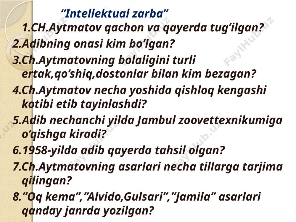 dili og’rigani va hamma narsadan xafa bo’lganida qanday holatga tushganini ko’rsatib bergan. “allomalar” asar tarkibida shoxdor ona bug’i haqida ibratli hikoyat keltirilgan.bu parcha shu hikoyatdan olingan bo’lib,unda yetim bolalarni o’lim changalidan qutqarib qolgan afsonaviy shoxdor ona bug’ining mehribonliklari haqida fikr yuritiladi.insonlar o’rtasidagi xunrezliklar ,o’z manfaatlari uchun jigarlarini ham ayamasliklari to’g’risida cho’tir baymoq kampir tilidan aytib o’tiladi. shoxdor ona bug’i ikki yetim bolani boqib,voyaga yetkazadiva bug’ular avlodining shajarsi paydo bo’lishiga sababchi bo’ladi. “ibtido va intiho’’ boshlanish va tugallanish bolakayning asar ibtidosidagi baxtiyorlik sabablari oilasi -bobosi-mo’min chol do’stlar -“tank”,”egar”,”tuya”,durbin, portfel,pechakgullar,shiroljin,bulutlar orzu -uning bu yil maktabga chiqishi,baliqqa aylanib qolishi,oq kemagasuzib borishi,otasi bilan ko’rishish,kema matrosi bo’lish tabiat -ko’lobda miriqib cho’milish,soatlab durbin bilan atrofni kuzatish,shoxdor ona bug’idan faxrlanish va uni e’zozlash bolakayning asar intixosidagi baxtsizligi sabablari oila-o’z -ota onasining tashlab ketgani,o’rozqulning zulmlari,bo’keyning baxtsizligi,bobosining o’lar holatda ichishi do’stlar-bolalardan do’sti yo’qligi,jonsiz do’stlari yordam berolmagani orzu-maktab ovuldan 5ming chaqirim uzoqdaligi har kuni maktab partasida o’tira olmasligini tushungani,oq kema …
