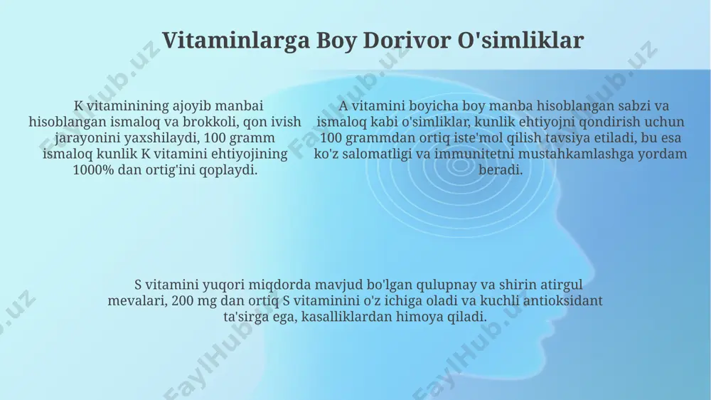 flavin) va b3 (niasin) ning boy manbai hisoblangan ismaloq barglari, 100 grammida kunlik ehtiyojning 20% dan ortig'ini qoplaydi. yashil piyoz, b1 (tiamin), b2 (riboflavin), b6 (piridoksin) vitaminlari va folat kislotasi kabi bir qator b guruhi vitaminlarini o'z ichiga oladi; ular immunitet tizimini mustahkamlashda muhim rol o'ynaydi. a vitamini manbai bo'lgan o'simliklar shirin kartoshka, o'rtacha bir dona shirin kartoshka 70% gacha a vitamini kunlik norma bilan ta'minlaydi. bu beta-karotinning yuqori miqdoriga bog'liq. qizil qalampir uchun 100 grammiga taxminan 100mg dan ortiq c vitamini va taxminan 1700mg gacha a vitamini miqdori xosdir, bu kuchli antioksidant ta'sirini ta'minlaydi. a vitamini boyicha boy o'simliklar orasida sabzi, bir dona sabzada kunlik a vitamini ehtiyojining 200% dan ko'prog'ini qoplaydi. bunga qo'shimcha ravishda, ismaloq va shirin kartoshka ham ajoyib manba hisoblanadi. b2 vitamini (riboflavin) manbai b2 vitamini (riboflavin)ga boy bo'lgan o'simliklar orasida, 100 gramm yashil bargli sabzavotlarda 0,1 dan 1,5 mg gacha riboflavin mavjudligi aniqlangan. ba'zi manbalarda, …