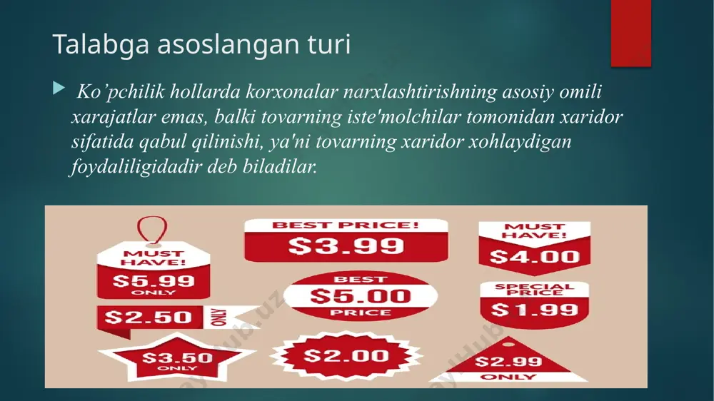 anish" strategiyasi. bu strategiyaning asl mohiyati, yangi tovarlarni bozorga kiritish bosqichida, sotiladigan tovarlarning hajmi kam bo’lganda ularga juda yuqori narx belgilashdan iboratdir. so’ngra bu narx bozorning va raqobatchilarning o’sishi bilan kamayib boradi. "korxonaning eksport imkoniyatlarini kengaytirishga yo’naltirilgan narx" strategiyasi. korxona narxlashtirishda bu strategiyani qo’llash uchun mamlakatning ichki va tashqi bozorida narxlashtirishning xususiyatlarini hisobga olishi kerak. shularni o’rganib aniq bozor sharoitlariga bog’liq holda o’ziga xos narx siyosatini tanlashi mumkin bo’ladi. narxlar strategiyasini tanlash bosqichlari qanday? 1-bosqich. szh umumiy tadqiqoti, bozor sharoitlarini bashorat qilish bu erda o'zlarining ishlab chiqarish qobiliyatlarini baholash va tovarlar ehtiyojlarini tijorat bahosi, bozor sig'imi, raqobat muhiti, davlat siyosati va sotish shartlari, shuningdek kompaniya tomonidan ishlab chiqarilgan tovarlar kabi darajalarda taqsimlash zarur. bosqich 2. bozor modelini raqobatbardoshligi nuqtai nazaridan aniqlash rivojlanmagan raqobat bozorlarida ishlaydigan kompaniya vaqti-vaqti bilan narx strategiyasini o'zgartirish to'g'risida qaror qabul qiladi. bu quyidagi hollarda yuz beradi: kompaniya birinchi marta narxlarni belgilaydi (yangi mahsulot, yangi tarqatish kanallari, …