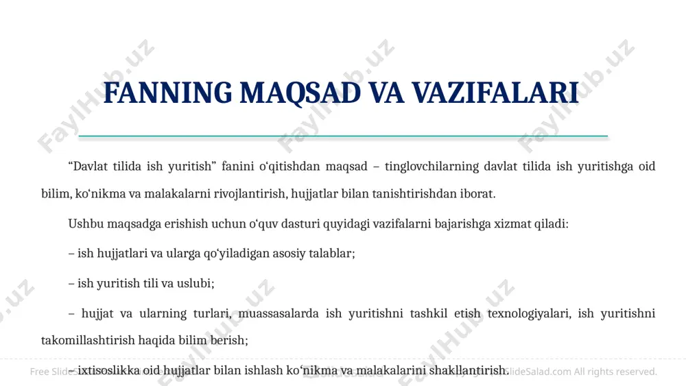 a meros mulkni taqsimlash, bolalarni hunar o‘rganish uchun shogirdlikka berish, korxonalar, savdo do‘konlari, yer–suv hamda uy–joy, mol–mulkni sotish, sotib olish yoki ijaraga berish, qullar mehnatidan foydalanish, qullarni ozod etish, taloq, sulh kabi munosabatlar o‘sha davr huquqni nazorat etuvchi mutasaddilari – qozilar tomonidan tasdiqlangan. copyright (c) slidesalad.com all rights reserved. free slidesalad powerpoint template 12 xorazm xarobalaridan esa charm va taxtachaga yozilgan hujjatlar topilgan. tuproqqal’a hayot bo‘lgan davrdagi xonadon a’zolarining ro‘yxati, harbiy chaqiriq, soliq, jon-mol ro‘yxati, xo‘jalik asboblarining olingani haqidagi tilxat qadimgi hujjatlardan darak beradi. turkiy tillar mutaxassisi s.e.malov o‘z asarida qadimgi turkiy yozuvida xiii asrlarda bitilgan qadimgi hujjat (shikoyat, oldi- sotdi, ijaraga qo‘yish, tilxat) namunalarini keltiradi. copyright (c) slidesalad.com all rights reserved. free slidesalad powerpoint template 13 x asr olimi abu abdulloh al-xorazmiy “ilmlar kaliti” asarining “arab” ilmlari qismida ish yuritish daftarlarini sharhlab, somoniylar davlatidagi soliq xillari va ularni yig‘ish yo‘li, hajmi, sharq mamlakatlarining hududlarida ishlatilgan og‘irlik hamda o‘lchov birliklarini …