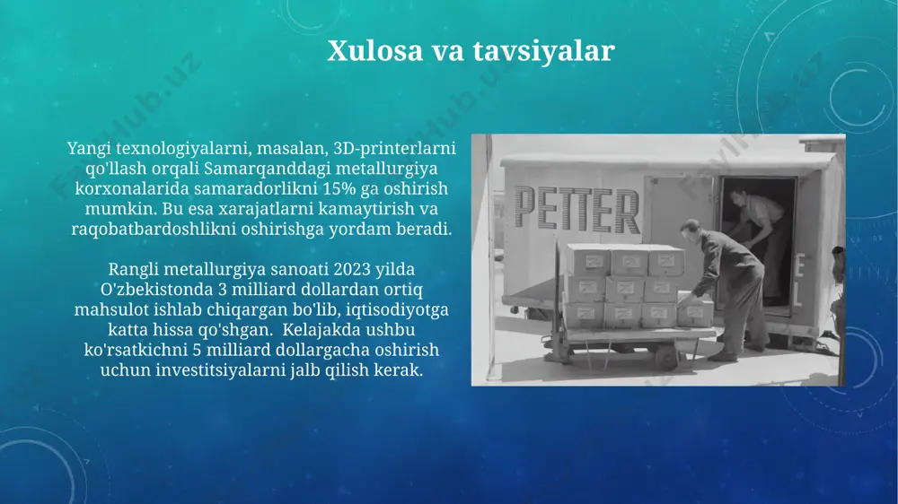 aoliyat yuritadi. rangli metallurgiya sanoati: kirish o'zbekistonda rangli metallurgiya sanoati, ayniqsa mis va oltin konlari boyligi bilan, mamlakat iqtisodiyotining muhim tarkibiy qismidir va 50 mingdan ortiq ish o'rinini ta'minlaydi. rangli metallurgiya sanoati dunyo bo'ylab 200 dan ortiq mamlakatda faoliyat yuritadi, jumladan, aqsh, xitoy va rossiya kabi yirik ishlab chiqaruvchilar hisoblanadi. rangli metallarning asosiy turlari misning elektr o'tkazuvchanligi yuqori bo'lgani (58 ms/m) sababli, u elektr simlari va boshqa elektr jihozlari ishlab chiqarishda keng qo'llaniladi, bu esa dunyo miqyosida 10 milliondan ortiq ish o'rinlarini yaratadi. o'zbekiston, qozog'iston va rossiya kabi markaziy osiyo davlatlari rangli metallar, xususan, mis va oltin konlariga boy bo'lib, mintaqaning sanoat rivojlanishiga katta hissa qo'shadi. ekologik masalalar va atrof-muhit muhofazasi marokashda joylashgan mis konlari atrofidagi 50 km radiusdagi hududda o'simliklarning xilma-xilligi va hayvonot dunyosi sonining kamayishi kuzatilgan, bu esa metallurgiya faoliyati bilan bog'liq. rangli metallurgiya korxonalaridan chiqadigan chiqindilarning 70% gacha qismi, masalan, mis qazib olish zavodlarida, to'g'ri qayta ishlanmasa, …