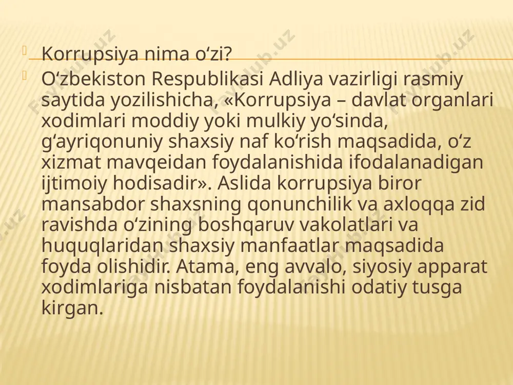 ivka»​ orqali aniqlash mumkin emas. bo‘lg‘usi kadrning salohiyatini tekshirish, uning psixologik va jismoniy yetukligi o‘rniga «toshkent propiskasi»​, «yaqin qarindoshining sudlanganligi»​ kabi foydasiz vajlar har qanday bilimli kishini rasmiy doiradan uzoqroq yurishga undaydi. agar tajribali va bilimli mutaxassis davlat organida ishlash istagi bilan eshik qoqsa, unga beriladigan ilk topshiriq ham bir talay hujjatlarni yig‘ib kelish bo‘ladi. o‘z o‘rnida har bir ma'lumotnomani olish kichik korrupsiyaga sabab bo‘lishi mumkin. undan tashqari, ishga joylashish masalasida har kim «tanish-bilish»​ tizimi, mahalliychilik, urug‘-aymoqchilik, klanizm kabi «ijtimoiy hodisa»​larga duch kelishi tayin. ana shunday barcha «-chiliklar»​ zamirida korrupsiyaga boshlab boruvchi yo‘l​ mujassam. shuningdek, kuchli fuqarolik jamiyatining haqiqiy belgisi sifatida davlat organlarining xalq oldida hisobdorligi, ularning faoliyati va moliyaviy harakatlar aniq raqamlar bilan ifodalanishi shart. har bir sohaning xalq oldidagi hisobdorligidan tashqari, ayni paytda, oliy majlis a'zolari, vazir va davlat qo‘mita raislari, yuqori rahbarlik lavozimida ishlaydigan amaldorlarning shaxsiy mol-mulki, daromadlari hamda ularning manbasi shu paytgacha ko‘rsatilmagan. hisobdorlik shakli qanday …