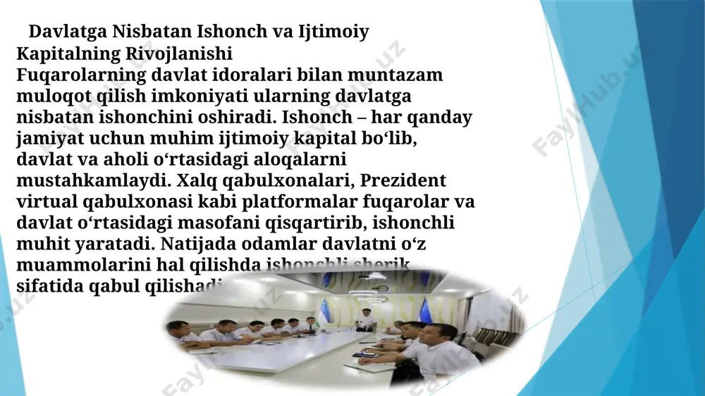 va davlat o‘rtasidagi munosabatlarni ifodalaydi. yangi o‘zbekistonning demokratik yondashuvi, davlat va jamiyat o‘rtasidagi hamkorlikni kuchaytirishga va fuqarolarni boshqaruv jarayonlariga jalb qilishga xizmat qiladi. fuqarolarning tushunchasi fuqarolarning tushunchasi yangi o‘zbekiston jamiyatida ijtimoiy, siyosiy va huquqiy aktorlarga aylanishi, davlatning asosiy manfaatdor tomonlaridan biri bo‘lishi, jamiyatning faol va mas'uliyatli a'zolari sifatida muhim rol o‘ynaydi. bunday fuqarolar davlatning jamiyatdagi islohotlarda, iqtisodiy va ijtimoiy masalalarda ishtirok etishda bevosita qatnashish, o‘z huquqlarini himoya qilish va ular haqida faol ma’lumot olishga qodir bo‘lishadi. fuqarolar jamiyatidagi mas'uliyat fuqarolik tushunchasining muhim jihatlaridan biri fuqarolarning mas'uliyatini anglashidir. yangi o‘zbekistonda fuqarolar faqatgina huquqlarga ega bo‘lmay, balki o‘z davlatiga nisbatan mas'uliyatli bo‘lishlari kerak. mas'uliyat fuqarolarning o‘z huquqlari va majburiyatlarini bir vaqtda anglashini ta'minlaydi. masalan, davlat idoralariga bevosita murojaat qilish yoki fuqarolik jamiyatining faol a’zolariga aylanish orqali ular o‘z ehtiyojlari va istaklarini bildiradilar, shuningdek, jamiyatda qonunlarni hurmat qilish, davlat siyosatiga qo‘shilish va ijtimoiy adolatni qo‘llab-quvvatlash kabi mas'uliyatlarni o‘z zimmasiga olishadi. xalq bilan muloqotdagi …