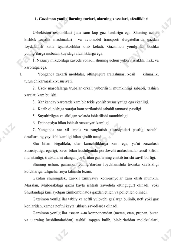 shurtandagi kurilayetgan ximkombinatda gazdan etilen va polietilen olinadi. gazsimon yonilg`ilar tabiiy va neftli yulovchi gazlarga bulinib, neft yoki gaz konlaridan, xamda neftni kayta ishlash zavodlarda olinadi. gazsimon yonilg`ilar asosan 4-ta komponentdan (metan, etan, propan, butan va ularning kushilmalaridan) tashkil topgan bulib, bir-birlaridan molekulalari, atomlari bilan fark kiladi. tabiiy gazlarning tarkibi 82…98% metan, 6% gacha etan, 1,5% gacha propan va 1,0% gacha butandan tashkil topgan. yulovchi neftli gazlarda esa metan 40…85% va etan-propan xar kaysisi 20% gacha bulishi mumkin. zavodlardan chikkan gazlarda parafin va olifen uglevodorodlari kup bulganligi sababli ulardan plastik massa sintez kilinib xom-ashyo olinadi. yonuvchi gazsimon yonilg`ilarda yukorida kursatilgan uglevodorodlardan tashkari boshka komponentlar: vodorod, uglerod oksidi, azot, kislorod, serevodorod, suv buglari bulishi mumkin. shuning uchun, bu komponentlar keraksizligi sababli tozalanadi. gazsimon yonilg`ilar issiklik berishiga karab 3-ta guruxga bulinadi: 1. yukori kaloriyali gazlar 20.000 kdj/m3 issiklik beradi (tabiiy gazlar, neft konlaridan olinadigan gazlar yoki ularni kayta ishlash jarayonida olinadigan gazlar …