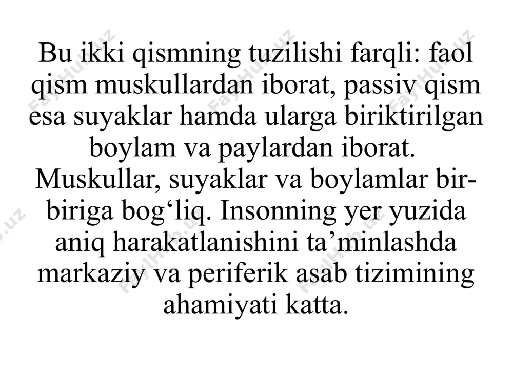ganlari ham zararlanishi mumkin. yuz nervining yallig‘lanishi yuz tuzilishini o‘zgarishiga (assimmetriyasiga) sabab bo‘ladi va natijada yallig‘langan tomon muskullari faoliyati buziladi, ya’ni yutish va chaynash jarayoni qiyinlashadi. bolalar kasalliklarida harakat buzilishi va chegaralanishi yuqorida aytib o‘tilgan kasalliklar va jarohatlar bolalarda ham ko‘p uchraydi. lekin asosiy o‘rinni bolalar harakatsizlanishiga olib keluvchi omil – raxit kasalligi egallaydi. bu kasallik bir yoshgacha bo‘lgan bolalarda ko‘p uchraydi. raxit kasalligida – d vitamini tanqisligi natijasida bola organizmida kalsiy (ca) moddasi kamayib ketishi, kalsiy almashinuvining buzilishi kuzatiladi. bu esa salbiy ta’sir ko‘rsatadi. organizmda kalsiy moddasi yaxshi o‘zlashtirilmaganligi uchun bolada soch to‘kilishi, kuchli terlash, injiqlik, mushaklar tortilishi, gipotrofiya (ozib ketishi), rivojlanishning orqada qolishi va osteomalyatsiya (suyak yumshab ketishi), osteodeformatsiya (suyaklarning qiyshayib ketishi) kuzatiladi. bolalarda yana mat kasalliklari ham uchrab, ular harakat buzili- shiga olib keladi. shu jumladan bolalar serebal falaj kasalligi, pleksit, tug‘uruq shikastlarida uchraydi. keksa yoshdagilar harakat xususiyati inson organizmidagi moddalar almashinuvi keksaygan sari sekinlashib, susayib boradi, …
