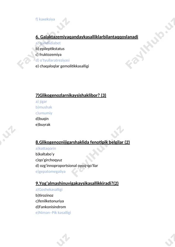 lligi b)girkеkasalligi c)andеrsеna kasalligi d)pompеkasalligi e)goshеkasalligi marfankasalligi 14.муковисцидоздакаердапатологикузгаришаникланади а).эндокринбезларда б).экзокринбезларда в). синапсларда г).бош мияда 15. галактоземиядадаволаштуриниайтинг а).витаминотерапия б).диетотерапия в).уринбосувчи терапия г). индукция 16. «гилосданаги» симптомикайсикасалликдаучрайди а).мукополисахаридларда б).галактоземияда. в).гликогенезларда г).тей-сакс амавротикидиотиясида 17. гарголизмкайсикасалликучунхос а).мукополисахаридларда . б).галактоземияда. в).гликогенезларда. г).тей-сакс амавротикидиотиясида 18.кузкурмаслигивааклийзаифликнибиргакелишикайсикасалликдаучрайди. а).мукополисахаридларда . б).галактоземияда. в).гликогенезларда. г).тей-сакс амавротикидиотиясида д).фенилкетонурия