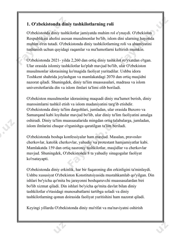 2393 ga yetdi. bu tashkilotlar orasida islom diniga oid jamoatlar (masjidlar) asosiy oʻrinni egallaydi. oʻzbekiston hududida jami 2071 masjid faoliyat olib boradi, bu masjidlar toʻliq roʻyxatdan oʻtgan va rasmiy ravishda faoliyat yuritadi. oʻzbekistonda asosan hanafiy mazhabiga amal qilinadi, bundan tashqari yuqori koʻrsatkichda boshqa diniy guruhlar ham mavjud. masalan, pravoslav cherkovlari soni 159 ta, katolik cherkovlar 3 ta, yahudiylik sohasidagi gruppalar esa 8 ta roʻyxatdan oʻtgan. bundan tashqari, oʻzbekistonda protestantlik, baptizm va boshqa xristian oqimlariga oid koʻplab jamoalar mavjud. diniy ta'lim ham rasmiy doirada olib boriladi. 2023-yil holatiga koʻra, oʻzbekistonda 15 ta islom oliy oʻquv yurtlash va maxsus 10 ta madrasa faoliyat koʻrsatayotgani ma'lum. shuningdek, toshkent islom universiteti asosida islomiy tadqiqotlar boʻyicha faoliyat olib boriladi. bundan tashqari, oʻzbekiston islom sivilizatsiyasi markazi, imom buxoriy nomidagi xalqaro ilmiy-tadqiqot markazi kabi tashkilotlar ham faoliyat yurgizadi. oʻzbekiston hukumati tomonidan diniy erkinliklar bilan bogʻliq turli chora-tadbirlar amalga oshirilmoqda. jumladan, 2018-yilda vazirlar mahkamasining “diniy ekstremizmga qarshi kurash …